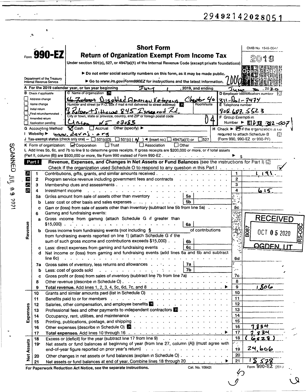 Image of first page of 2019 Form 990EO for Disabled American Veterans