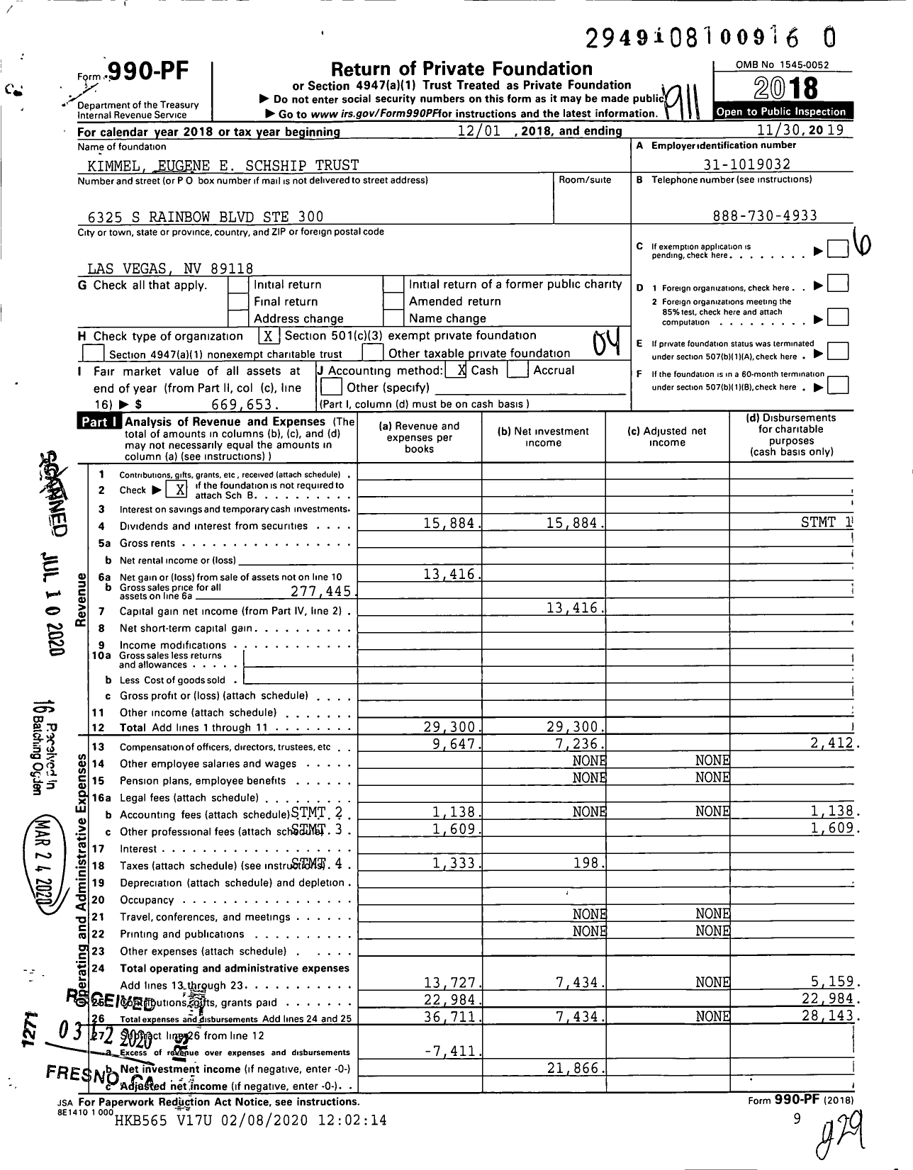 Image of first page of 2018 Form 990PR for Kimmel Eugene E Schship Trust