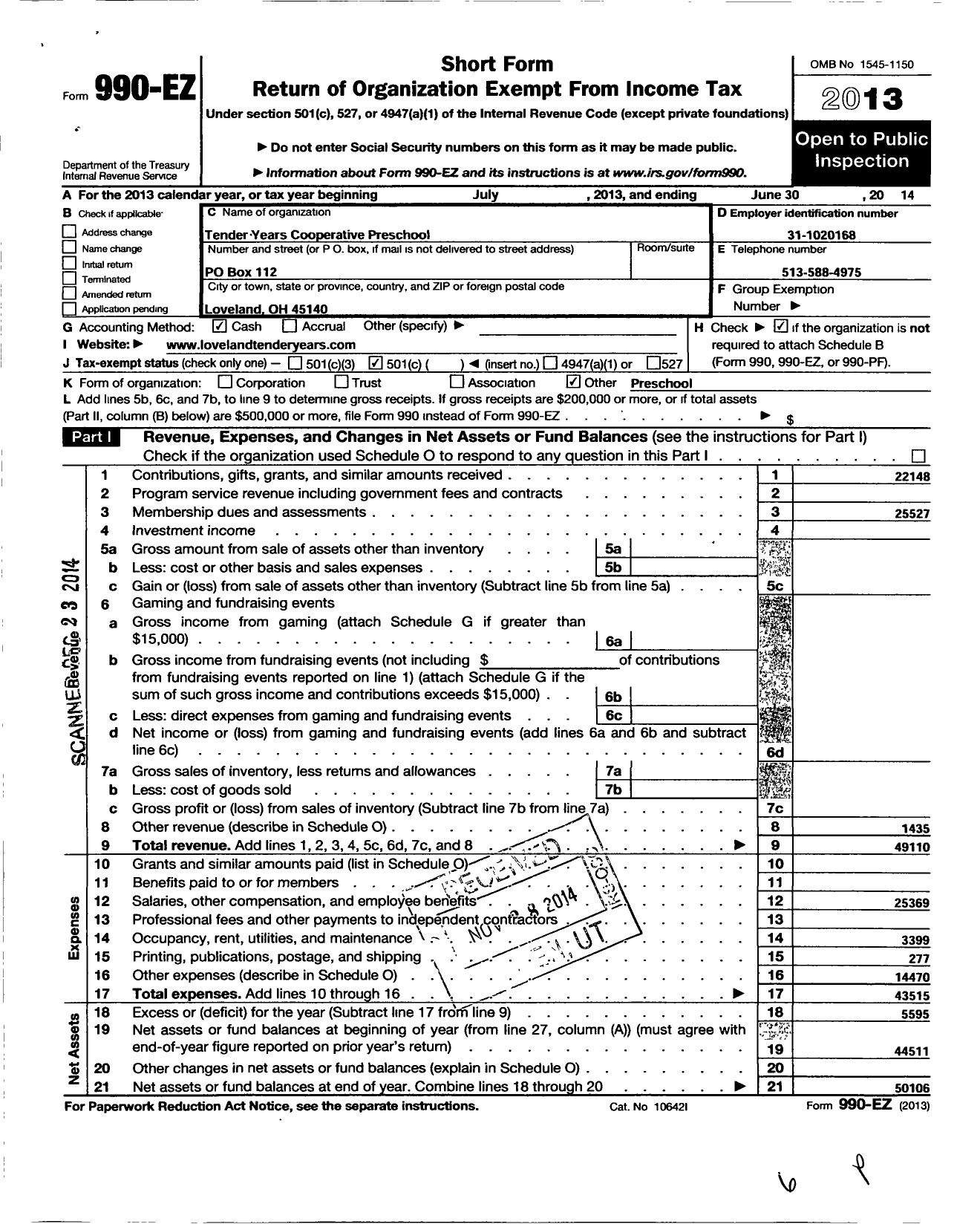 Image of first page of 2013 Form 990EO for Tender Years Cooperative Preschool