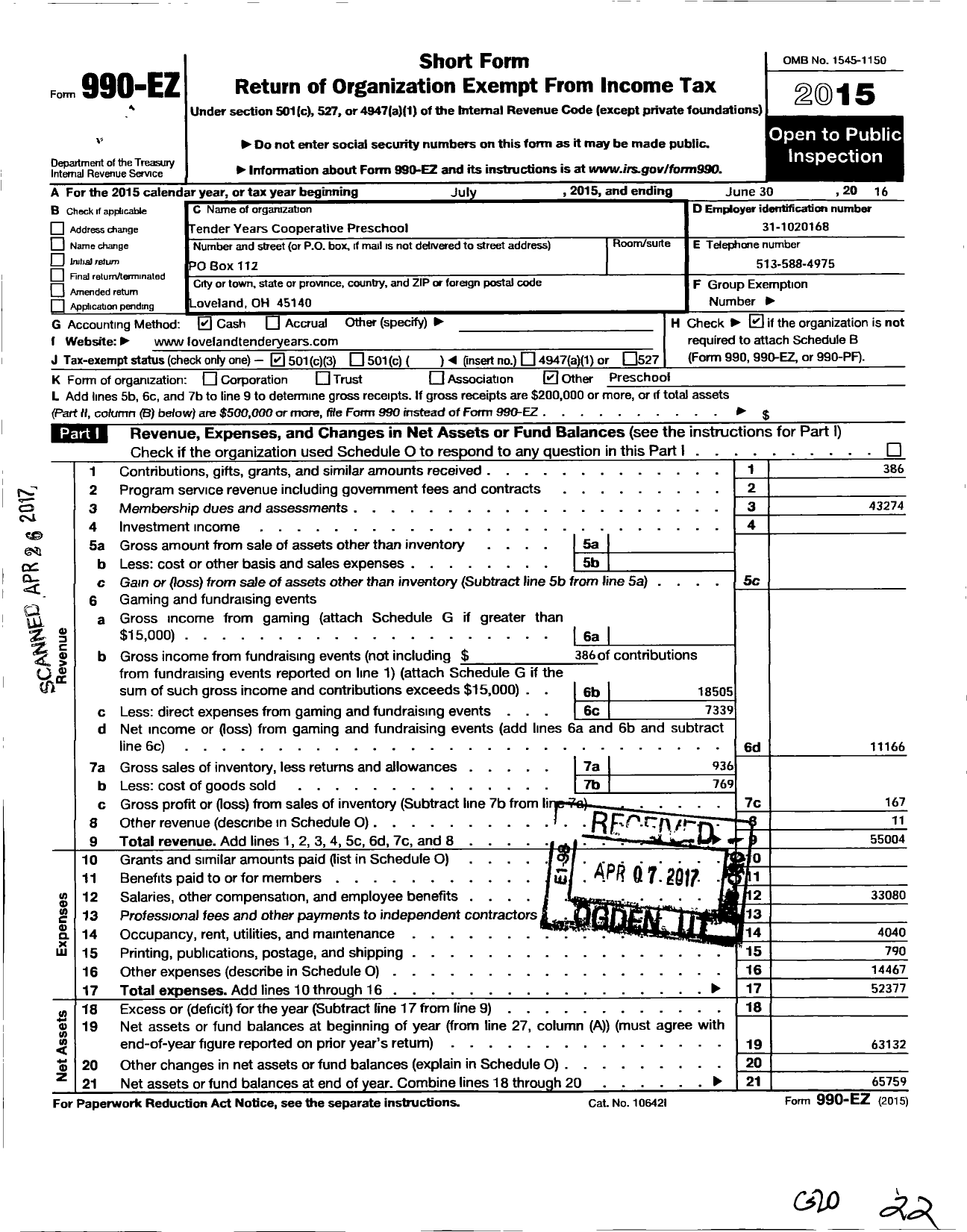 Image of first page of 2015 Form 990EZ for Tender Years Cooperative Preschool