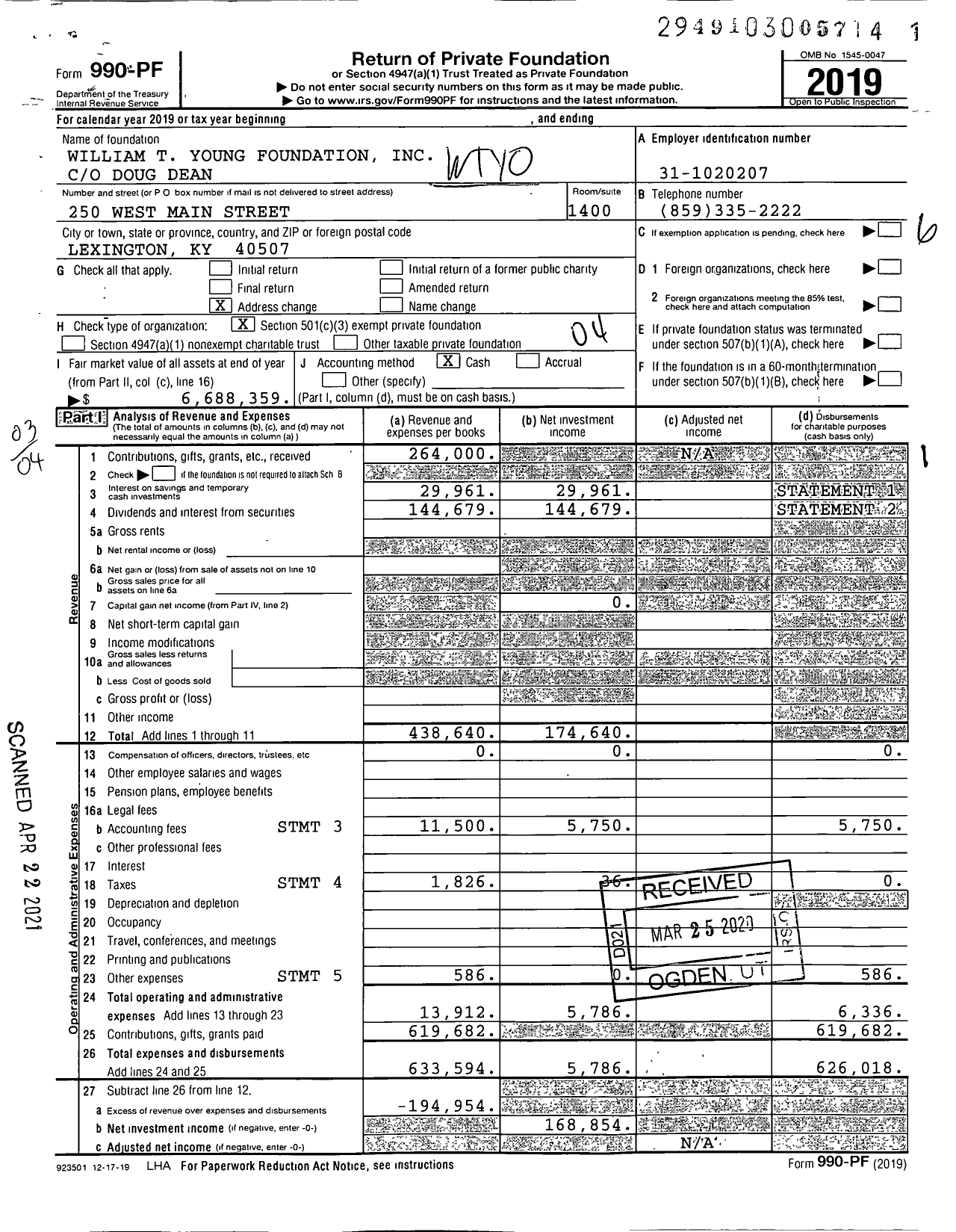 Image of first page of 2019 Form 990PF for William T Young Foundation