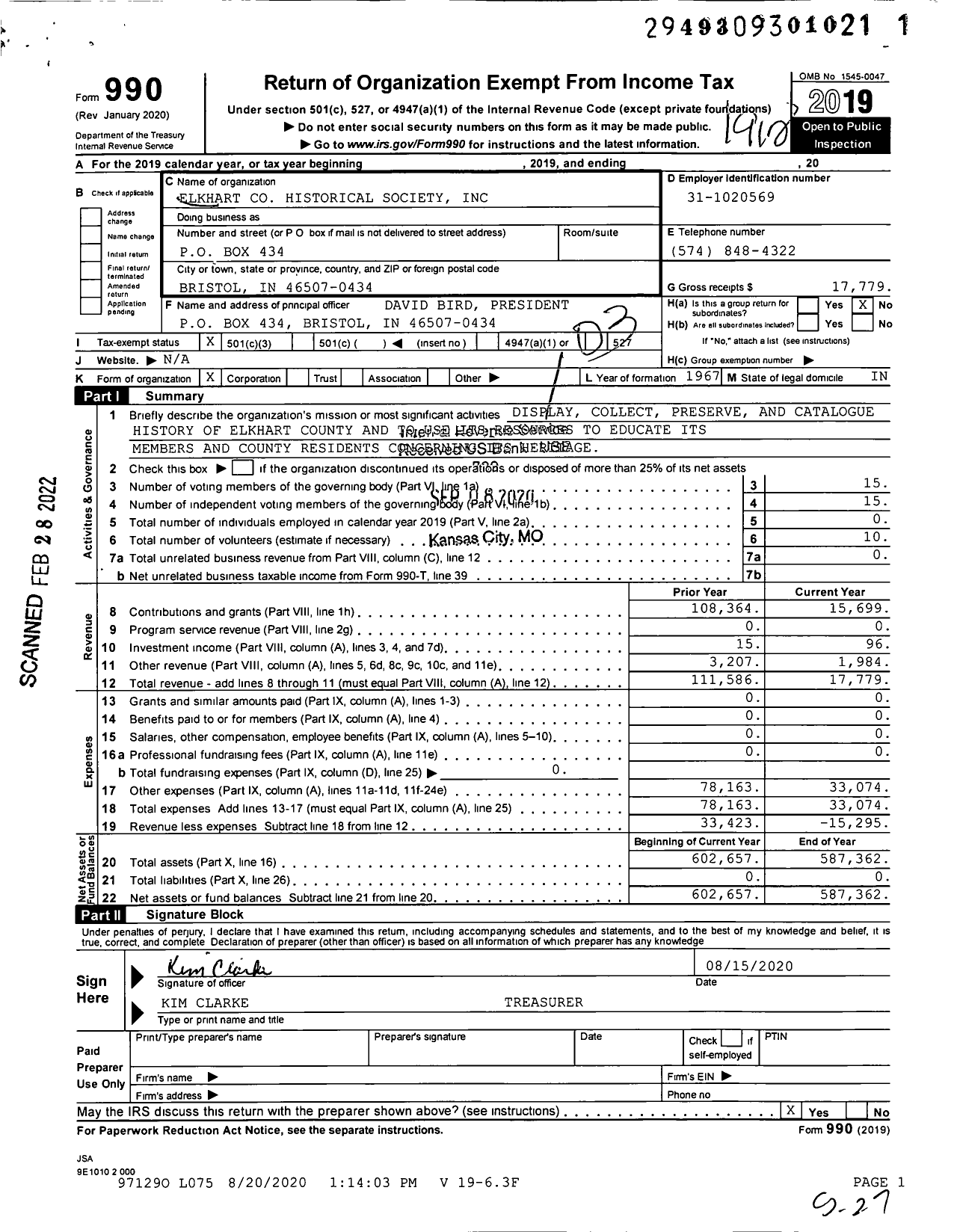 Image of first page of 2019 Form 990 for Elkhart Historical Society