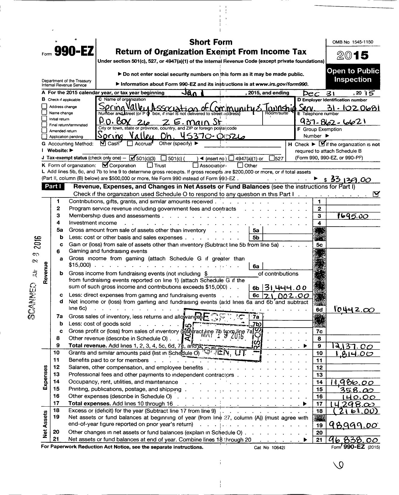 Image of first page of 2015 Form 990EZ for Spring Valley Assocation of Community and Township Services