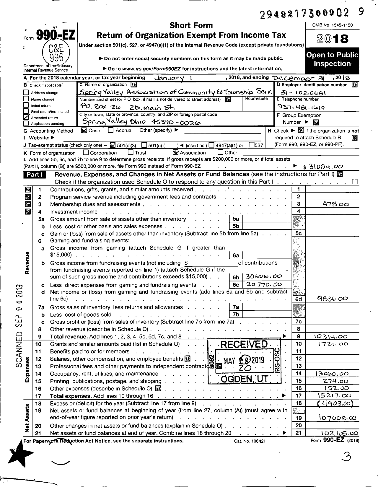 Image of first page of 2018 Form 990EZ for Spring Valley Assocation of Community and Township Services