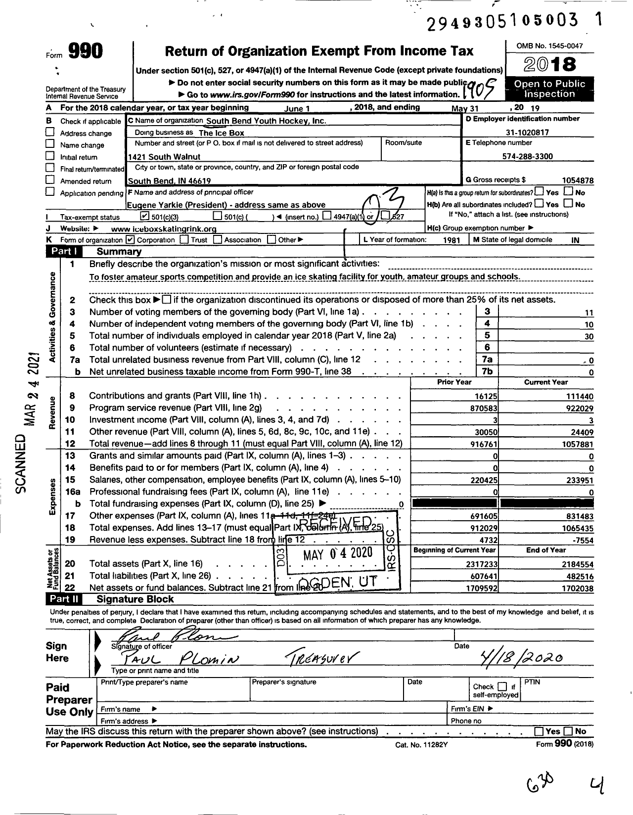 Image of first page of 2018 Form 990 for South Bend Youth Hockey