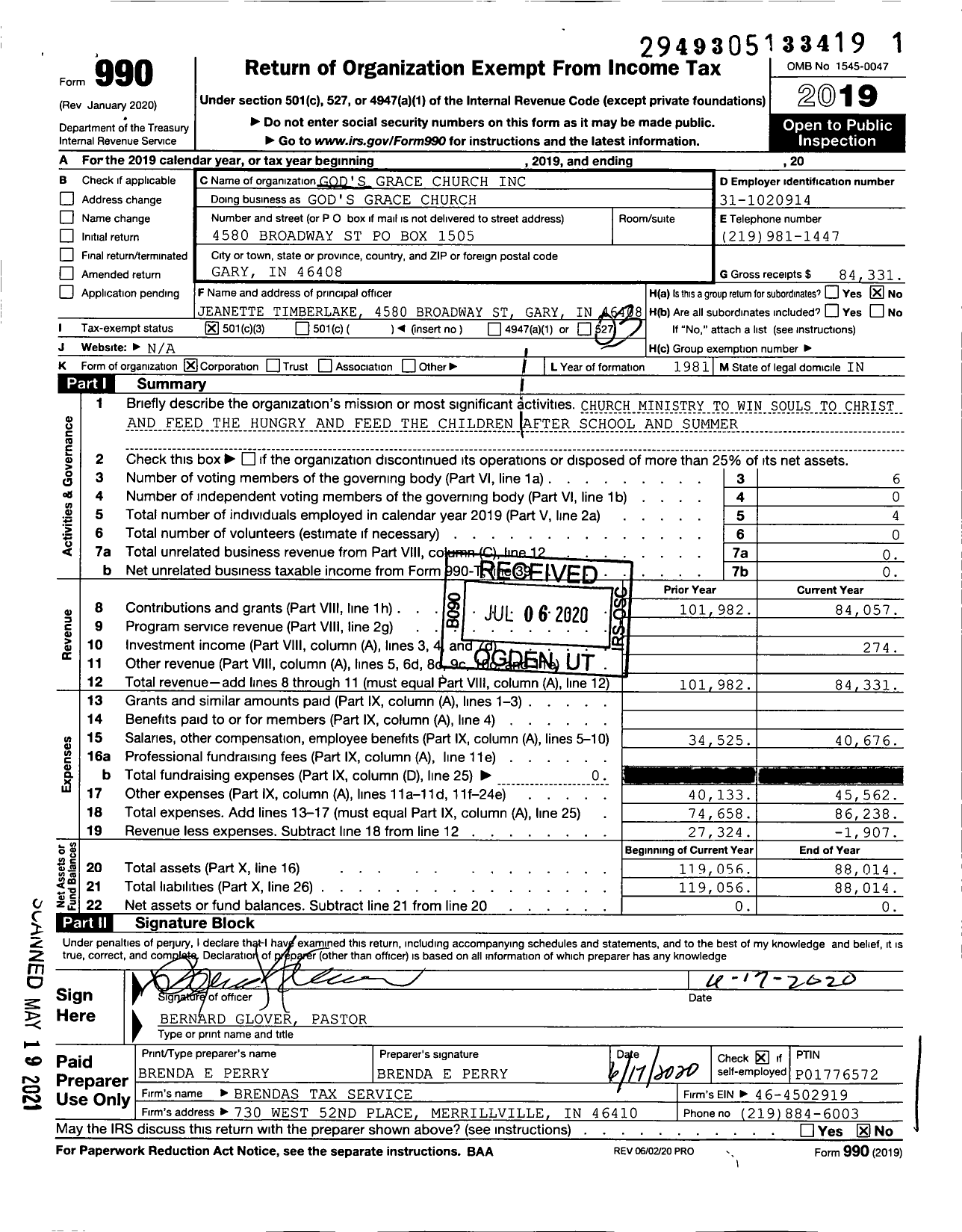 Image of first page of 2019 Form 990 for God's Grace Church