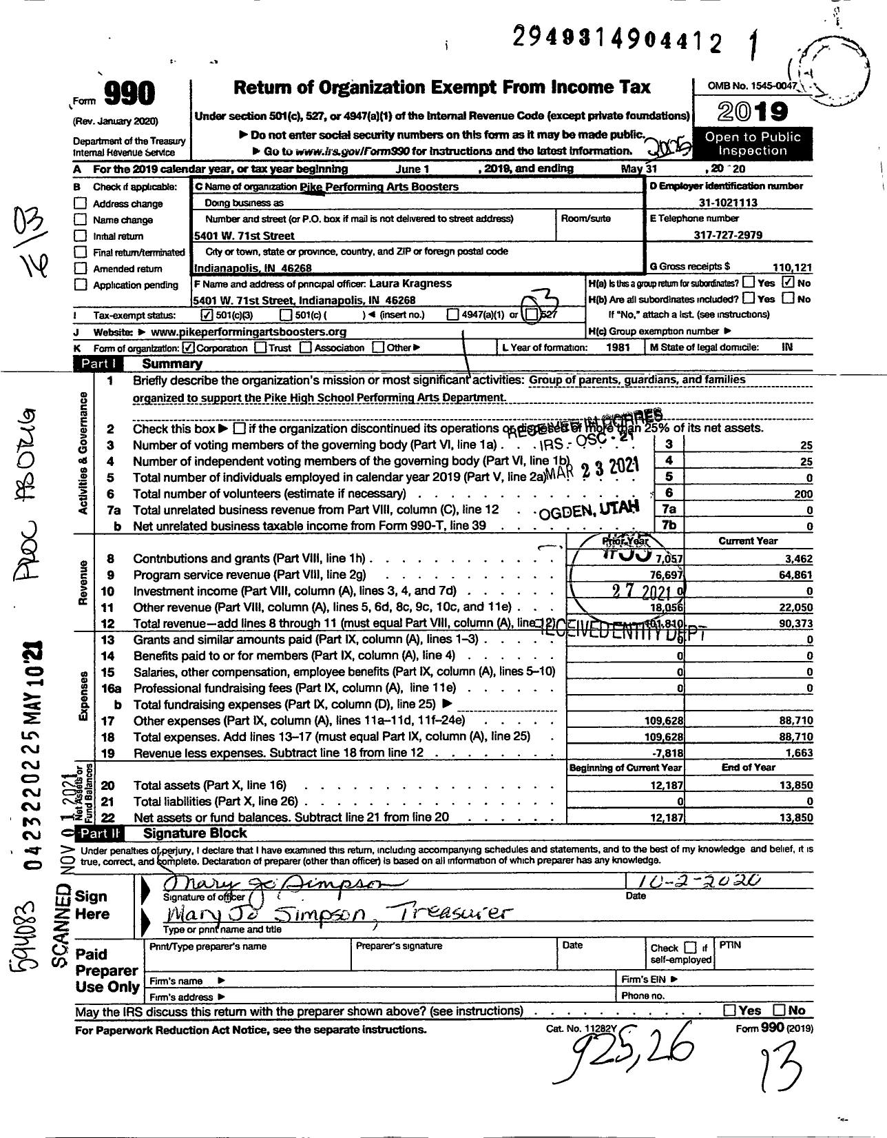 Image of first page of 2019 Form 990 for Pike Performing Arts Boosters Association