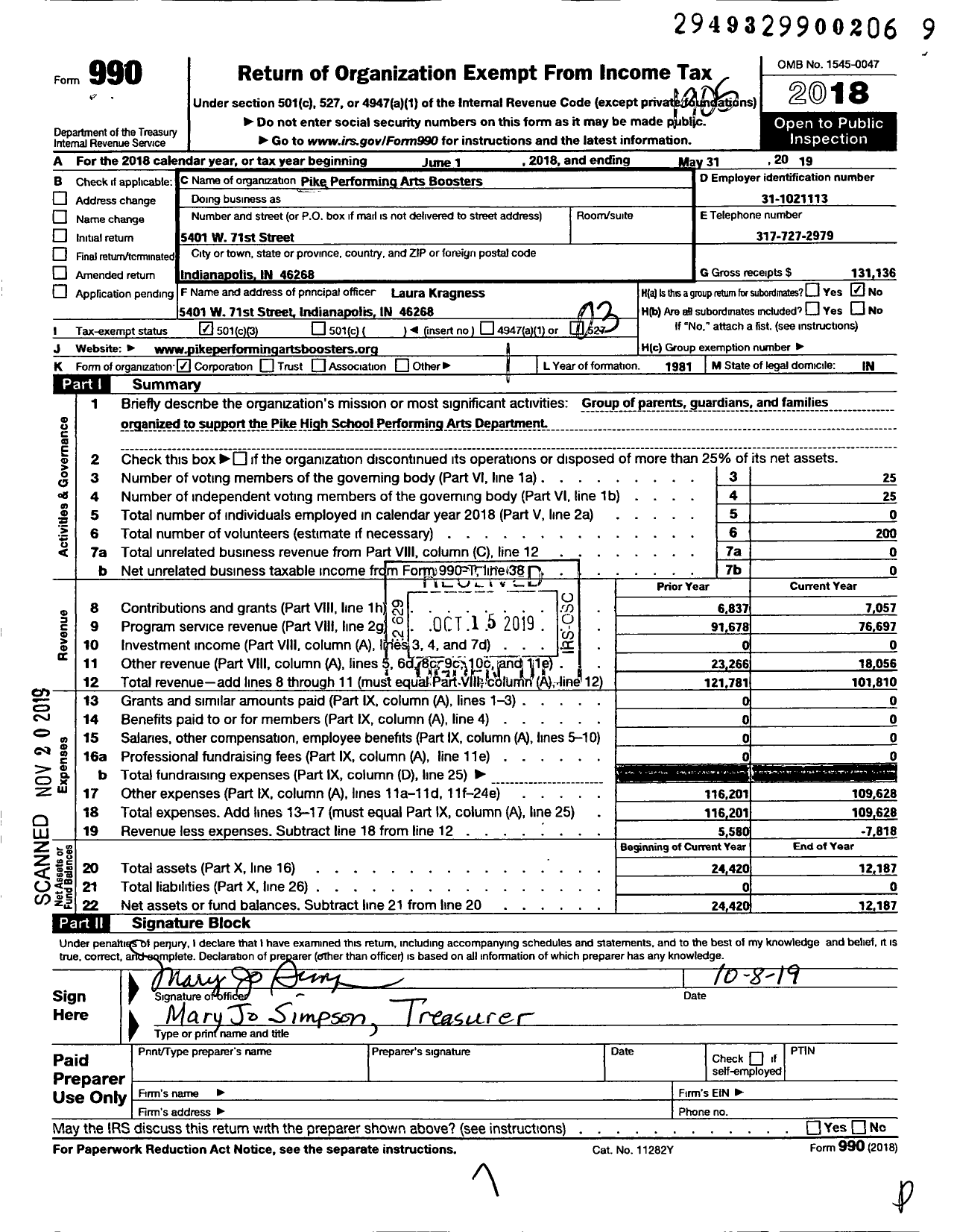 Image of first page of 2018 Form 990 for Pike Performing Arts Boosters Association