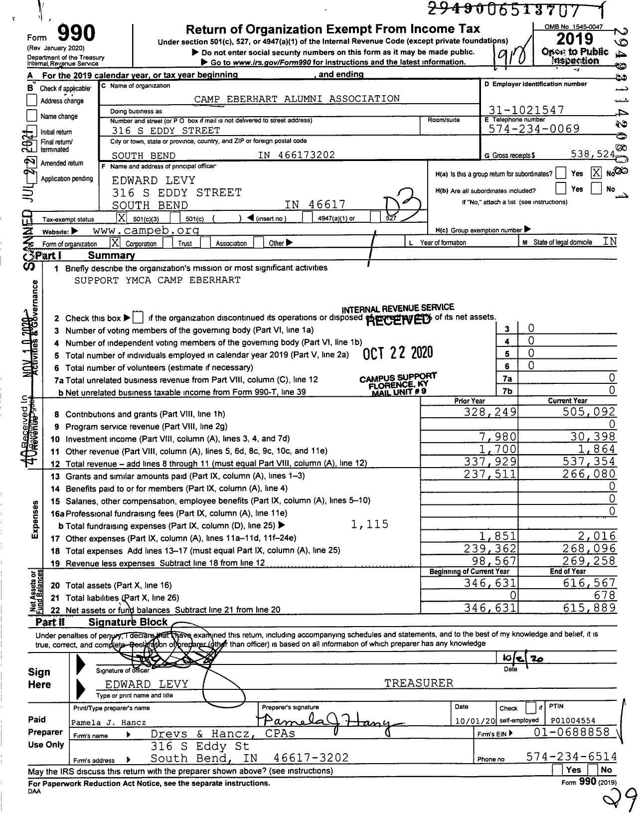 Image of first page of 2019 Form 990 for Camp Eberhart Alumni Association