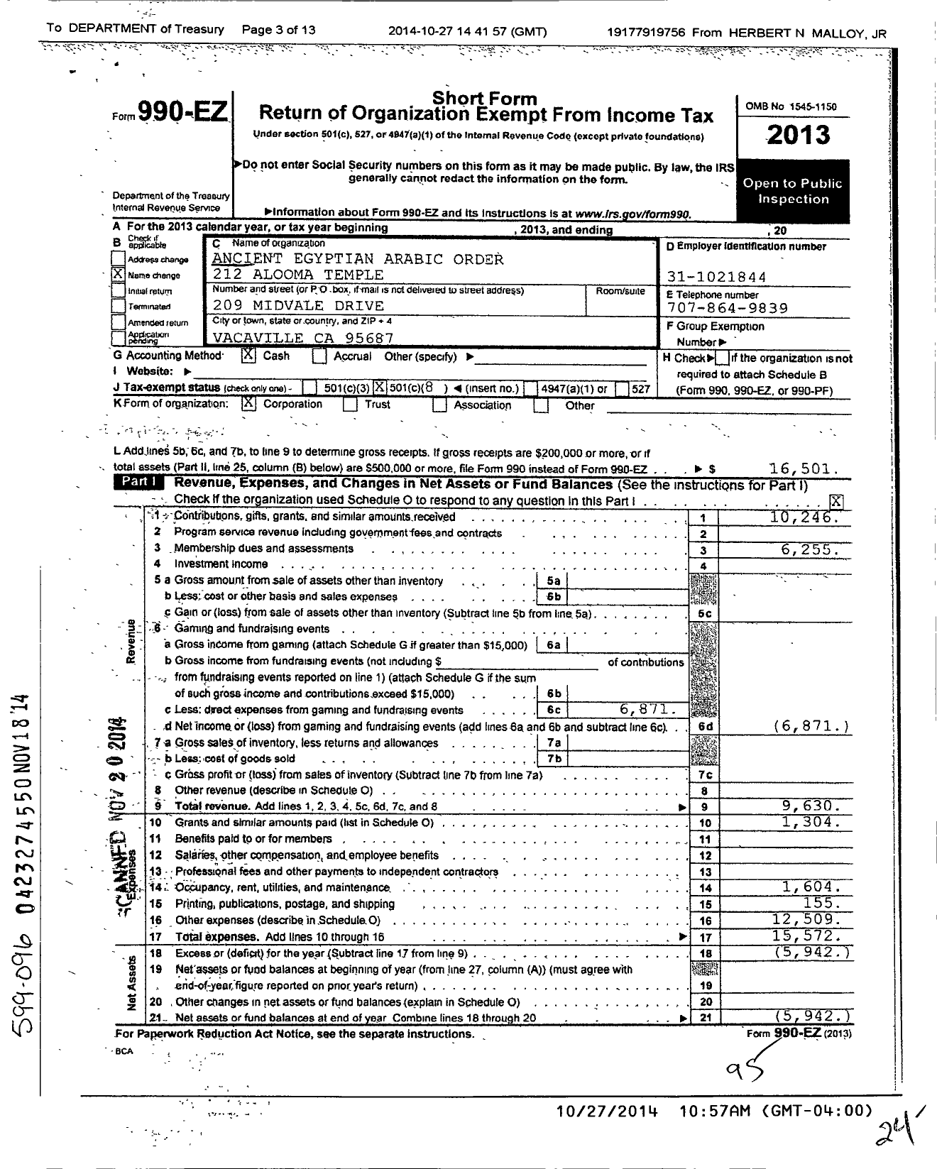 Image of first page of 2013 Form 990EO for Ancient Egyptian Arabic Order Nobles Mystic Shrine of N and S Amer - 212 Alooma Temple