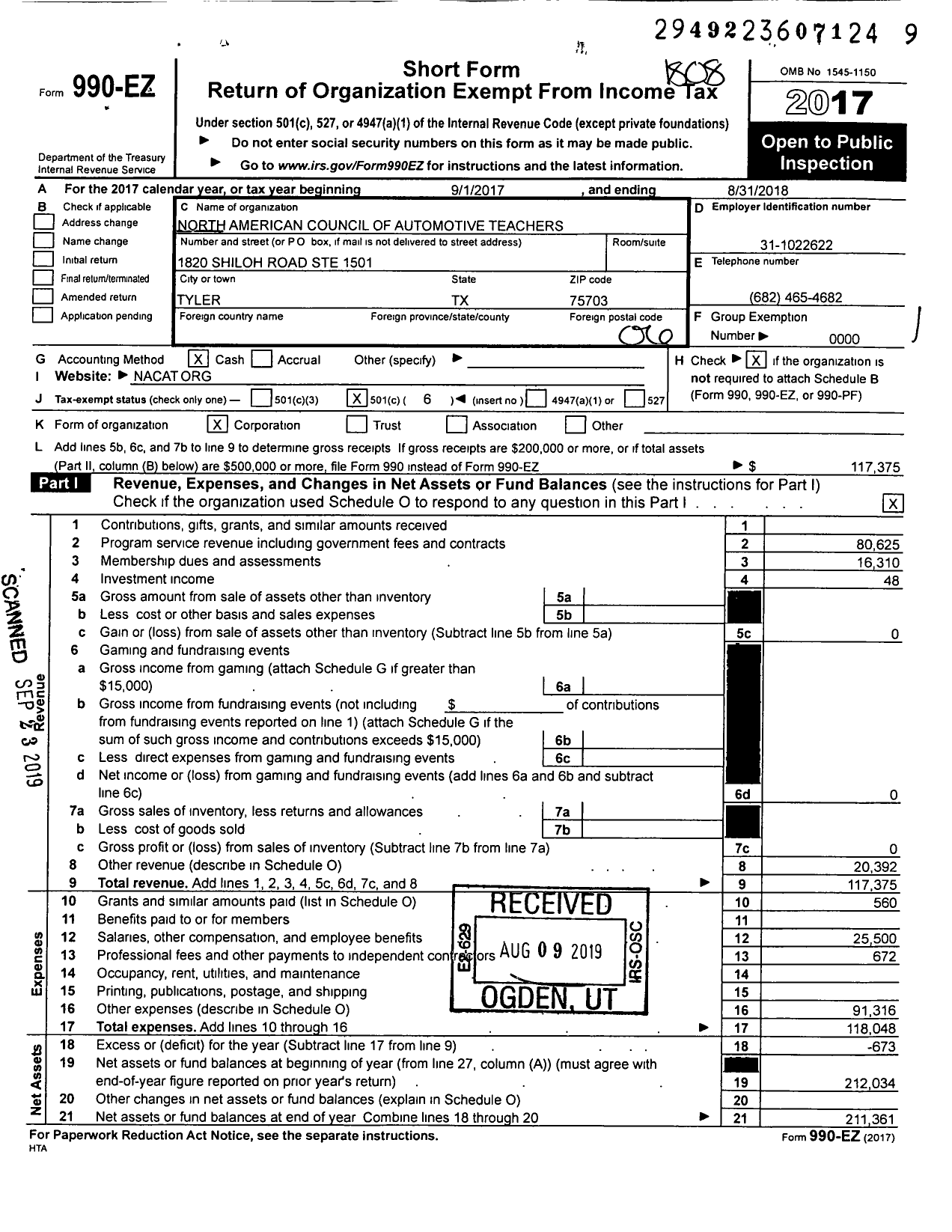 Image of first page of 2017 Form 990EO for North American Council of Automotive Teachers