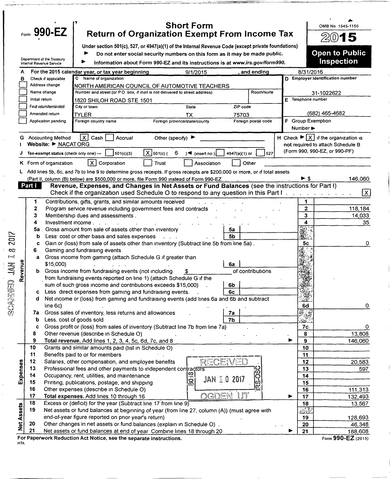 Image of first page of 2015 Form 990EO for North American Council of Automotive Teachers