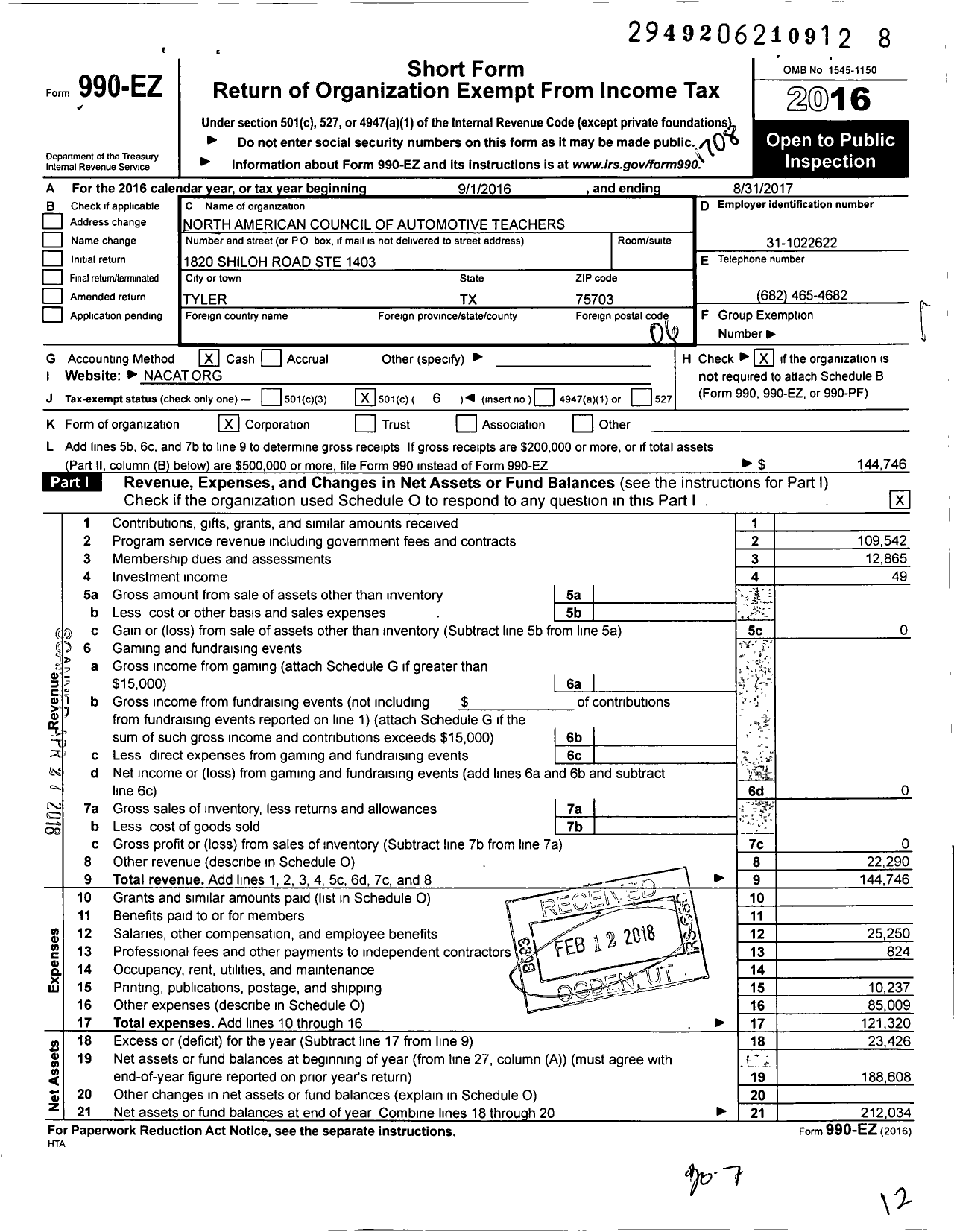 Image of first page of 2016 Form 990EO for North American Council of Automotive Teachers