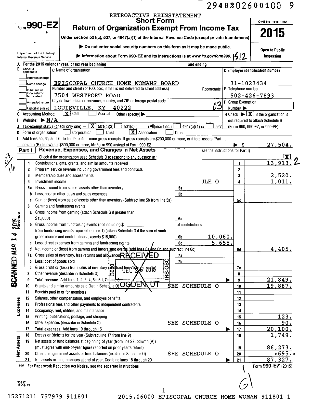 Image of first page of 2015 Form 990EZ for Episcopal Church Home Womans Board