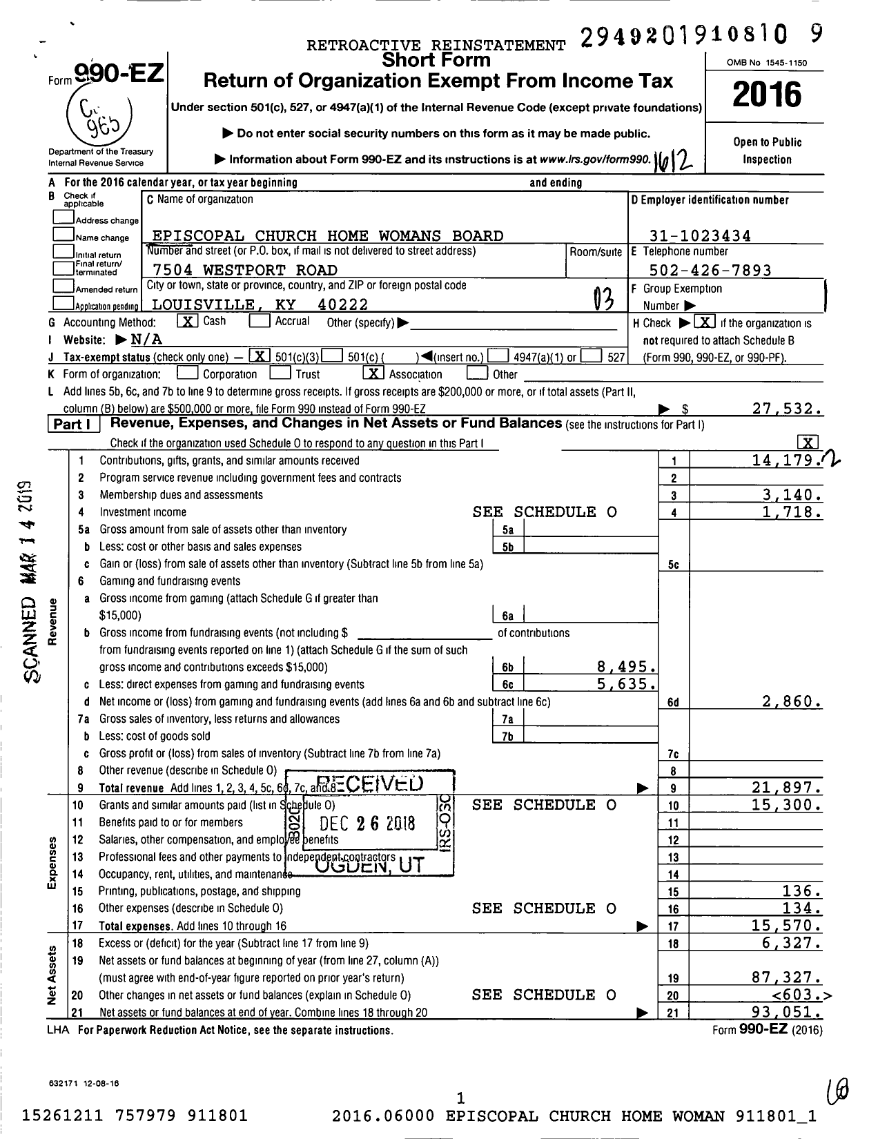 Image of first page of 2016 Form 990EZ for Episcopal Church Home Womans Board