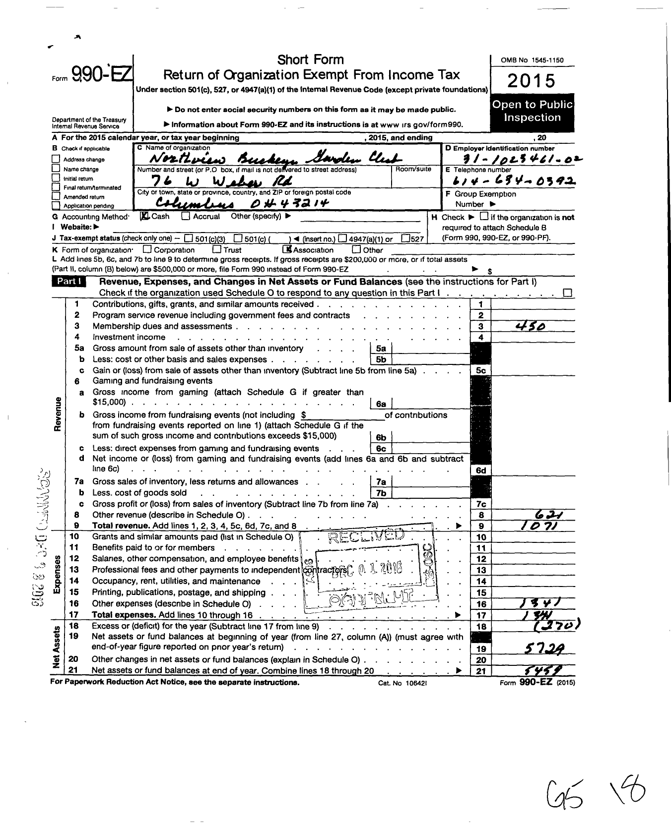 Image of first page of 2015 Form 990EO for Garden Club of Ohio / Northview Buckeye Garden Club