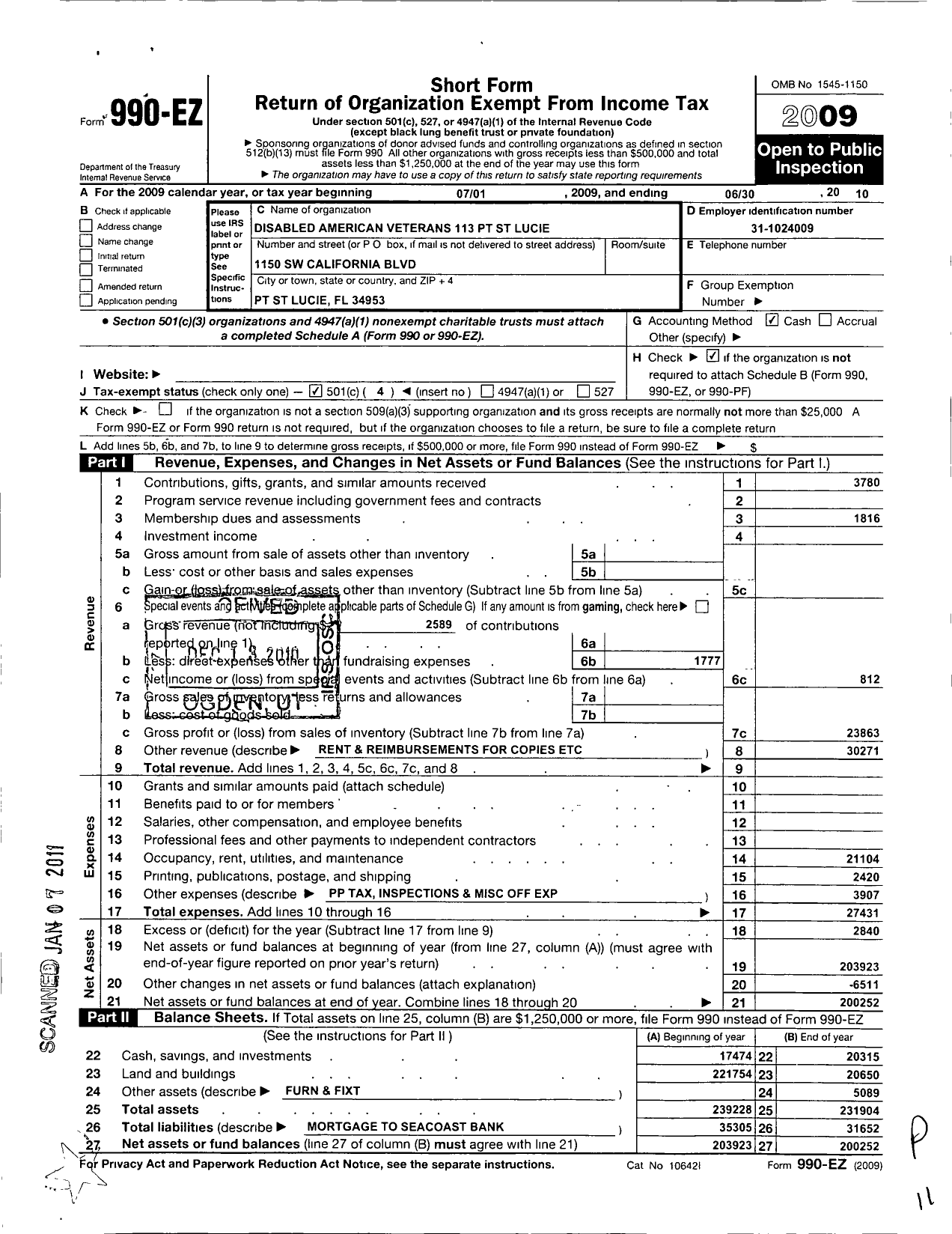 Image of first page of 2009 Form 990EO for Disabled American Veterans - 113 Port St Lucie