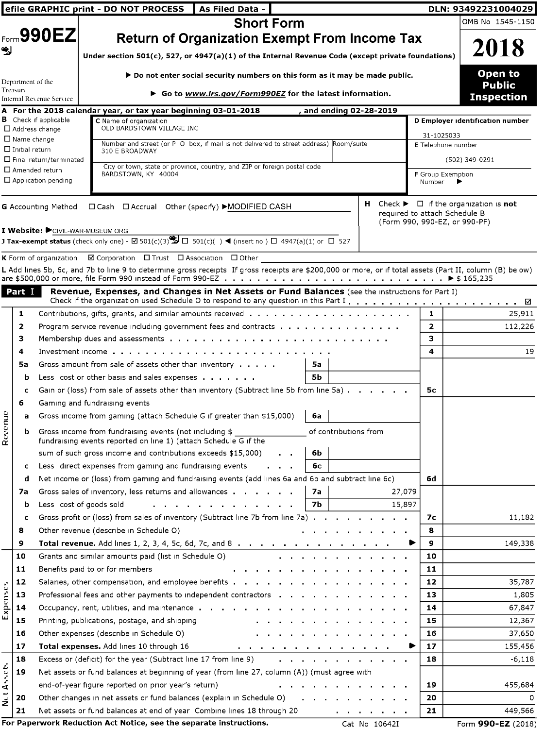 Image of first page of 2018 Form 990EZ for Old Bardstown Village