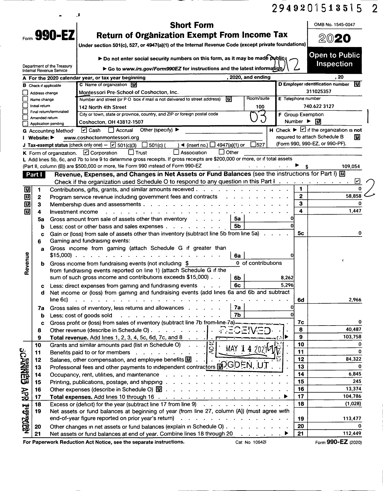 Image of first page of 2020 Form 990EZ for Montessori Pre-School of Coshocton