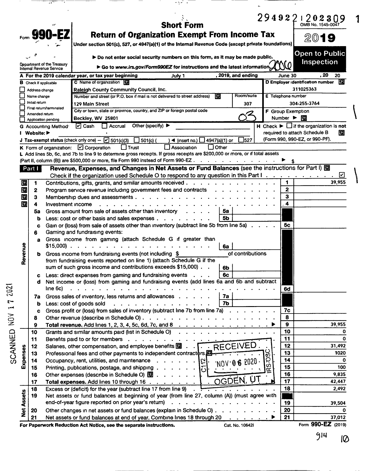 Image of first page of 2019 Form 990EZ for Raleigh County Community Council