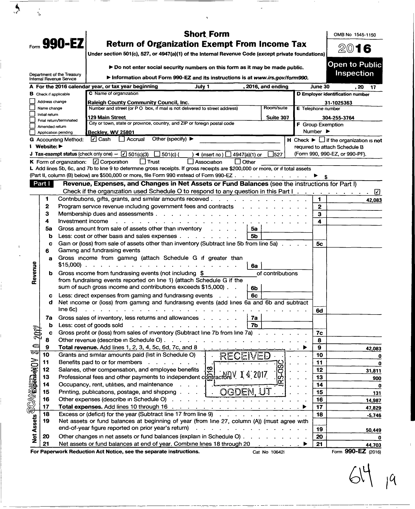 Image of first page of 2016 Form 990EZ for Raleigh County Community Council