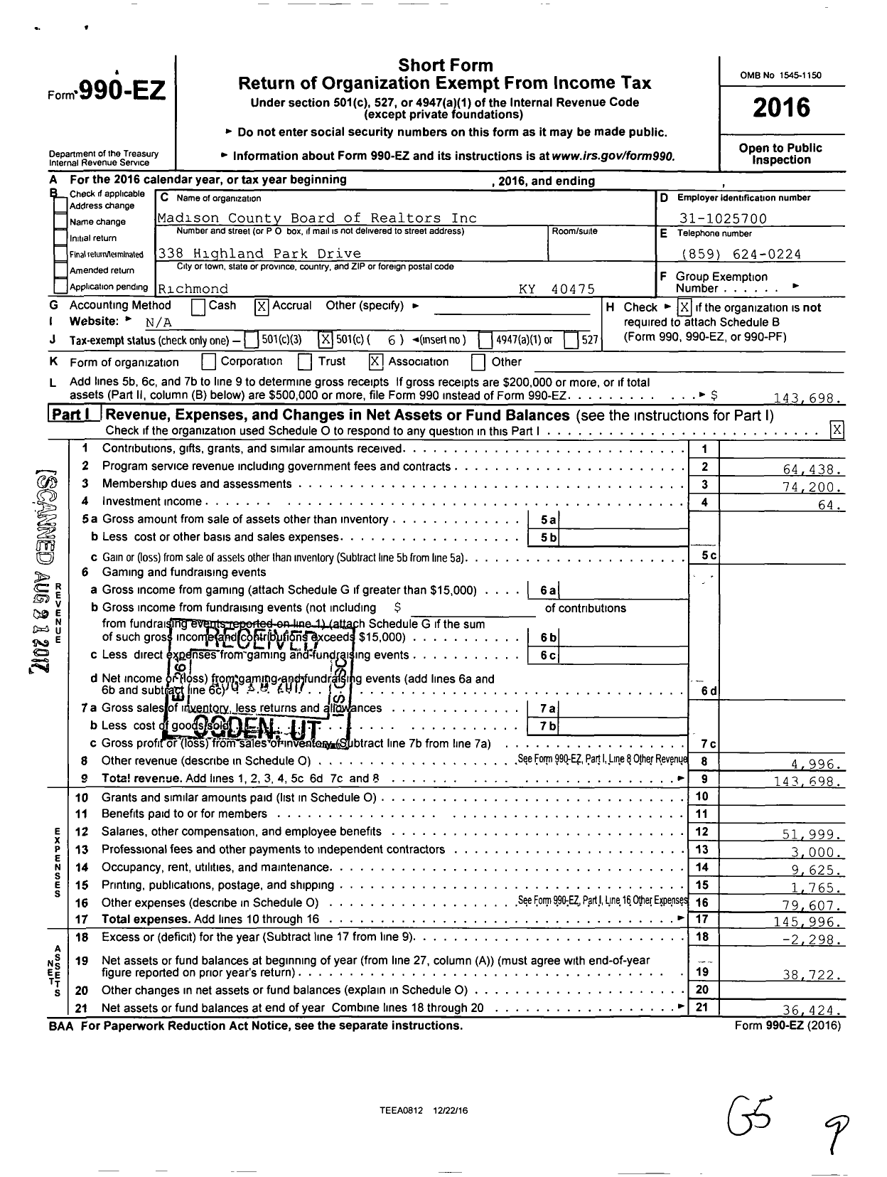 Image of first page of 2016 Form 990EO for Madison County Ky Board of Realtors