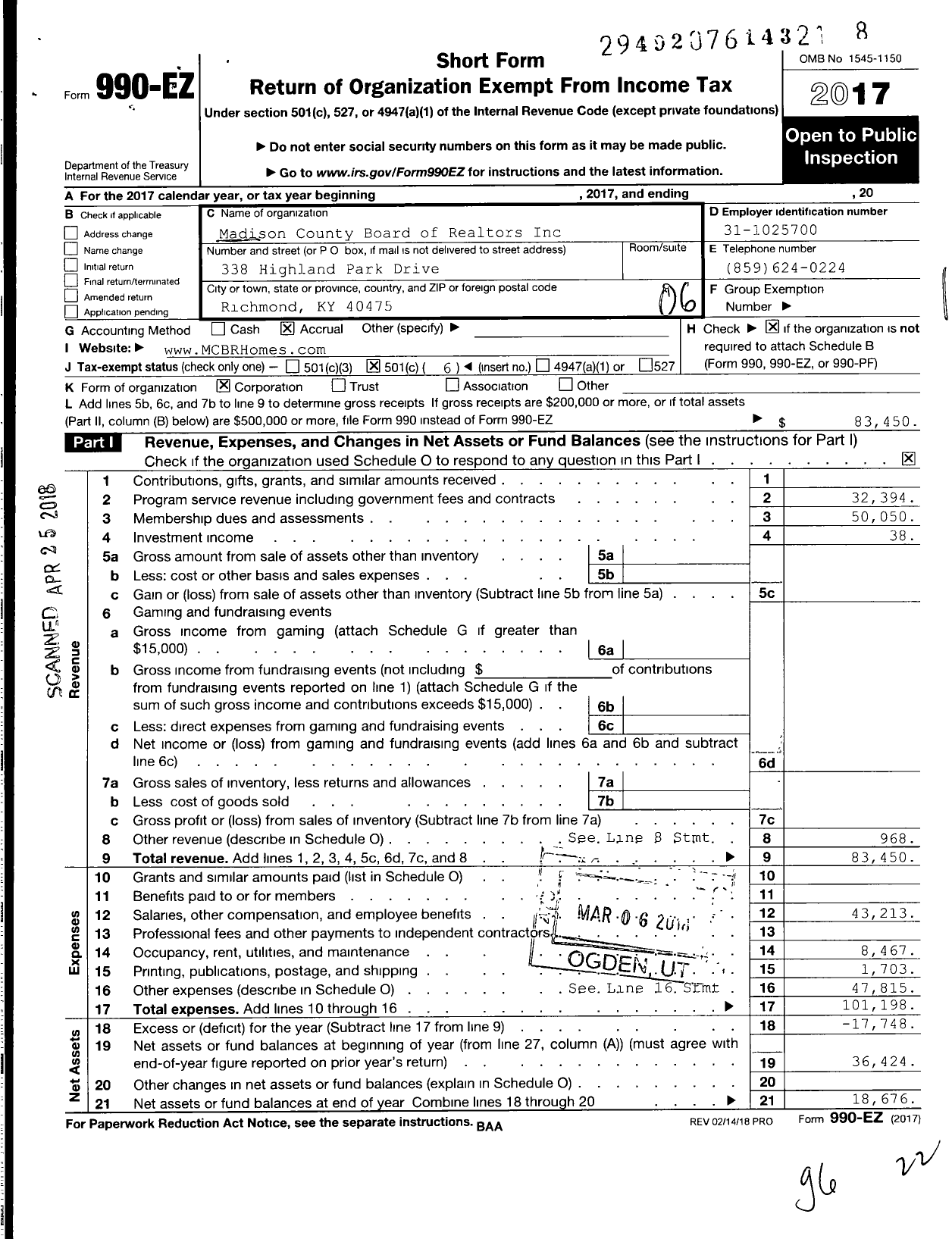 Image of first page of 2017 Form 990EO for Madison County Ky Board of Realtors