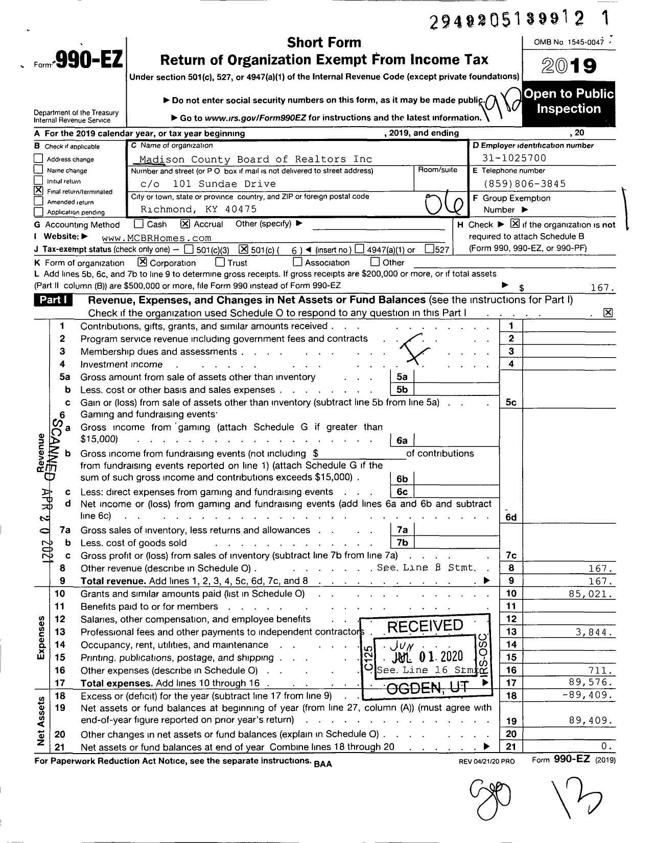 Image of first page of 2019 Form 990EO for Madison County Ky Board of Realtors