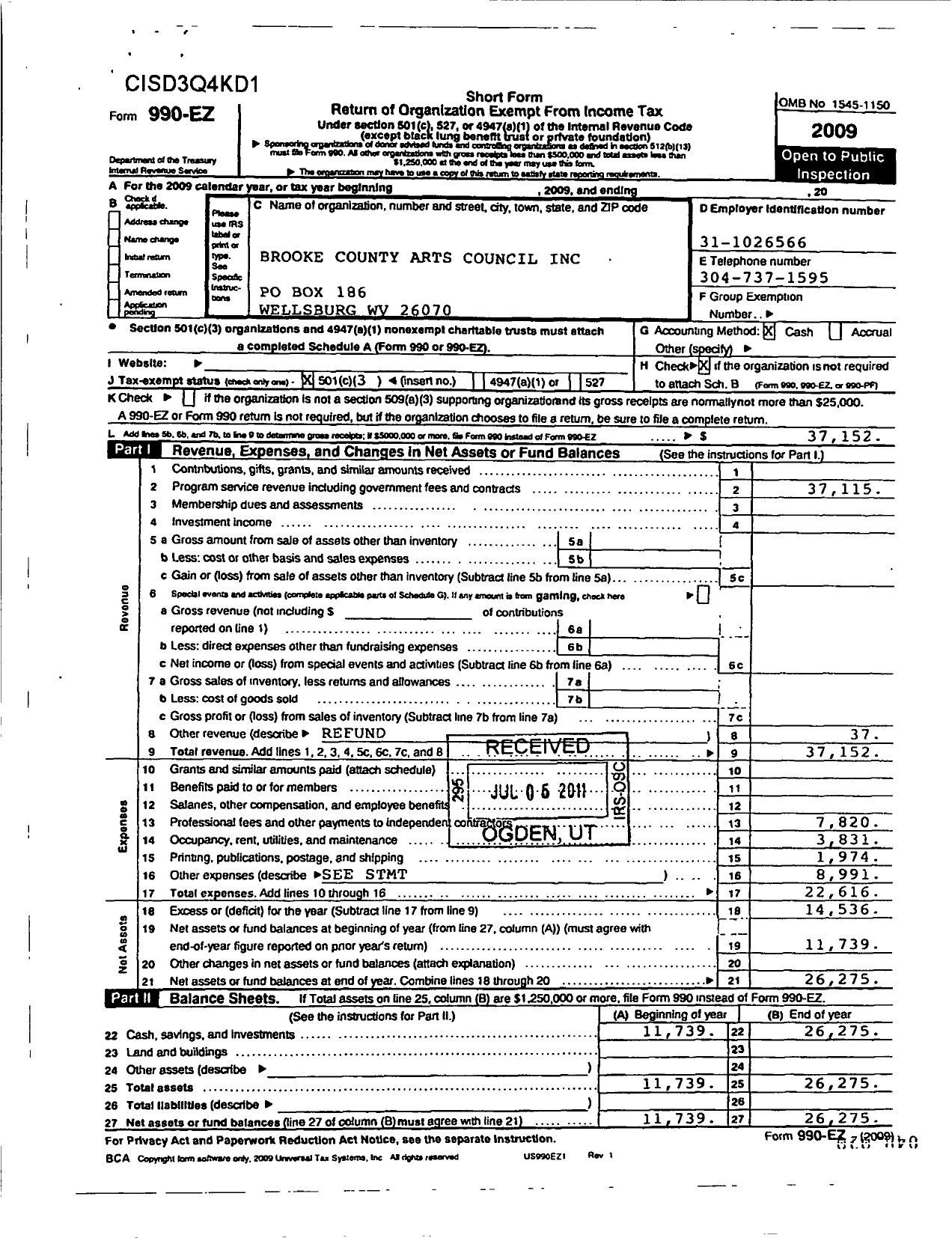 Image of first page of 2009 Form 990ER for Brooke County Arts Council