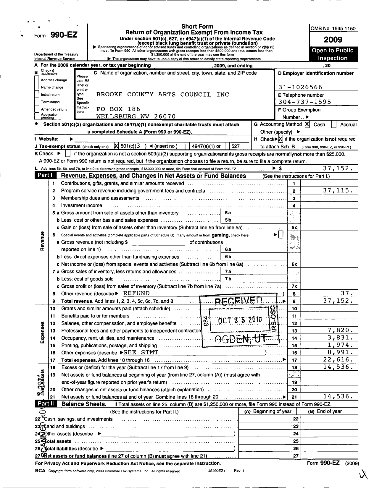 Image of first page of 2009 Form 990EZ for Brooke County Arts Council