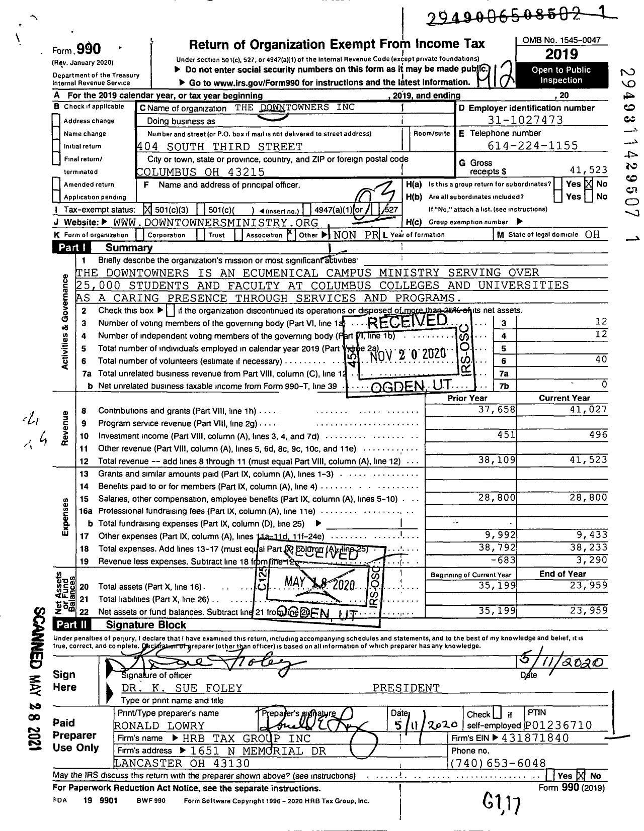 Image of first page of 2019 Form 990 for The Downtowners