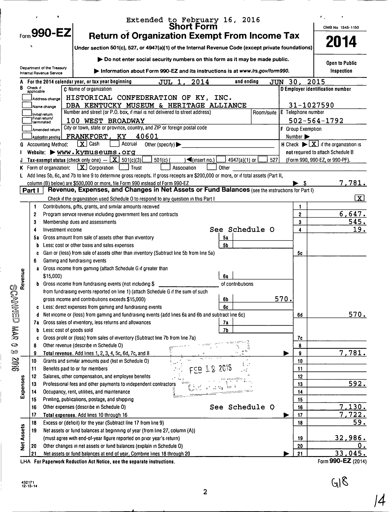 Image of first page of 2014 Form 990EZ for Historical Confederation of Kentucky