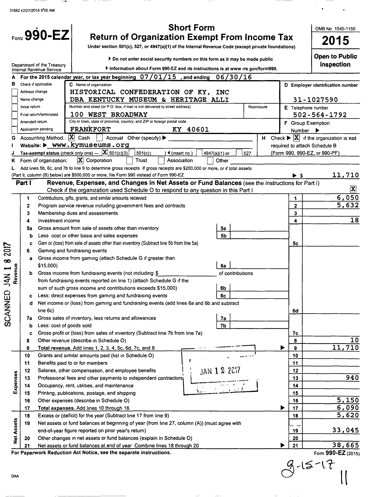 Image of first page of 2015 Form 990EZ for Historical Confederation of Kentucky