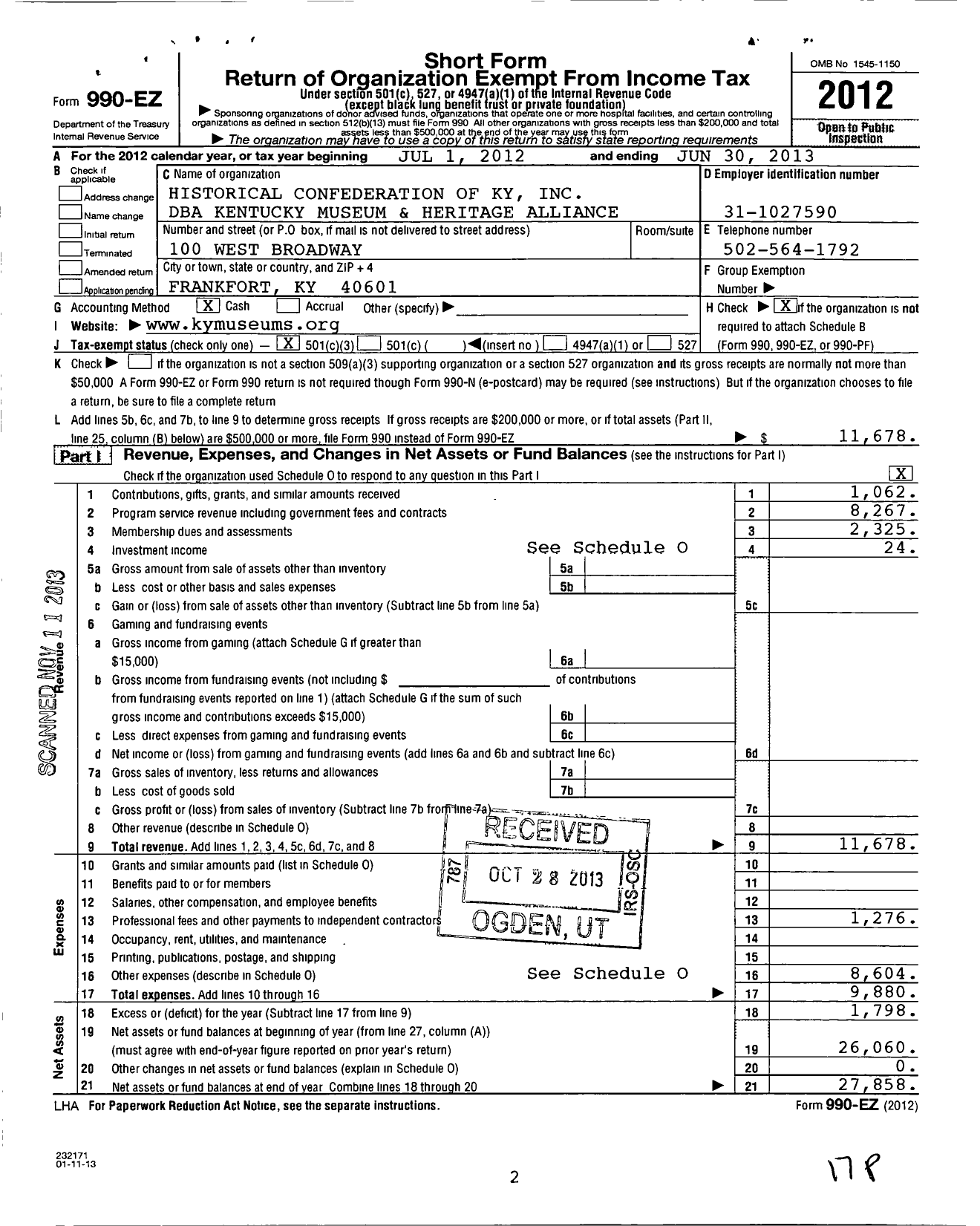 Image of first page of 2012 Form 990EZ for Historical Confederation of Kentucky