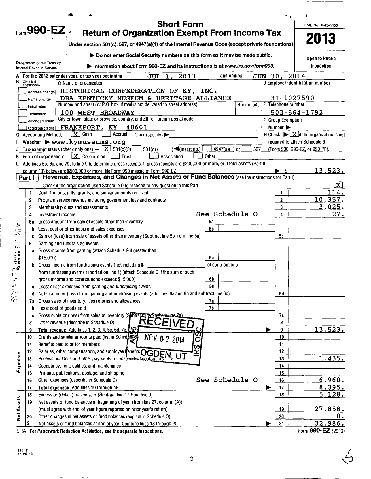 Image of first page of 2013 Form 990EZ for Historical Confederation of Kentucky