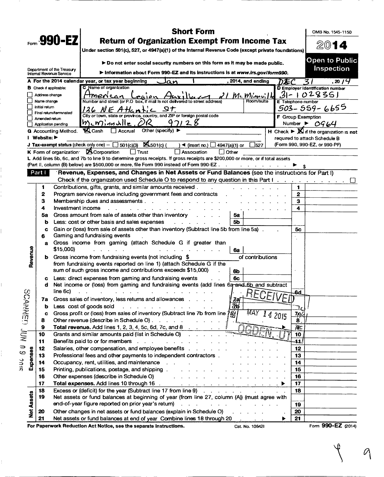 Image of first page of 2014 Form 990EO for American Legion Auxiliary - 21 Mcminnville