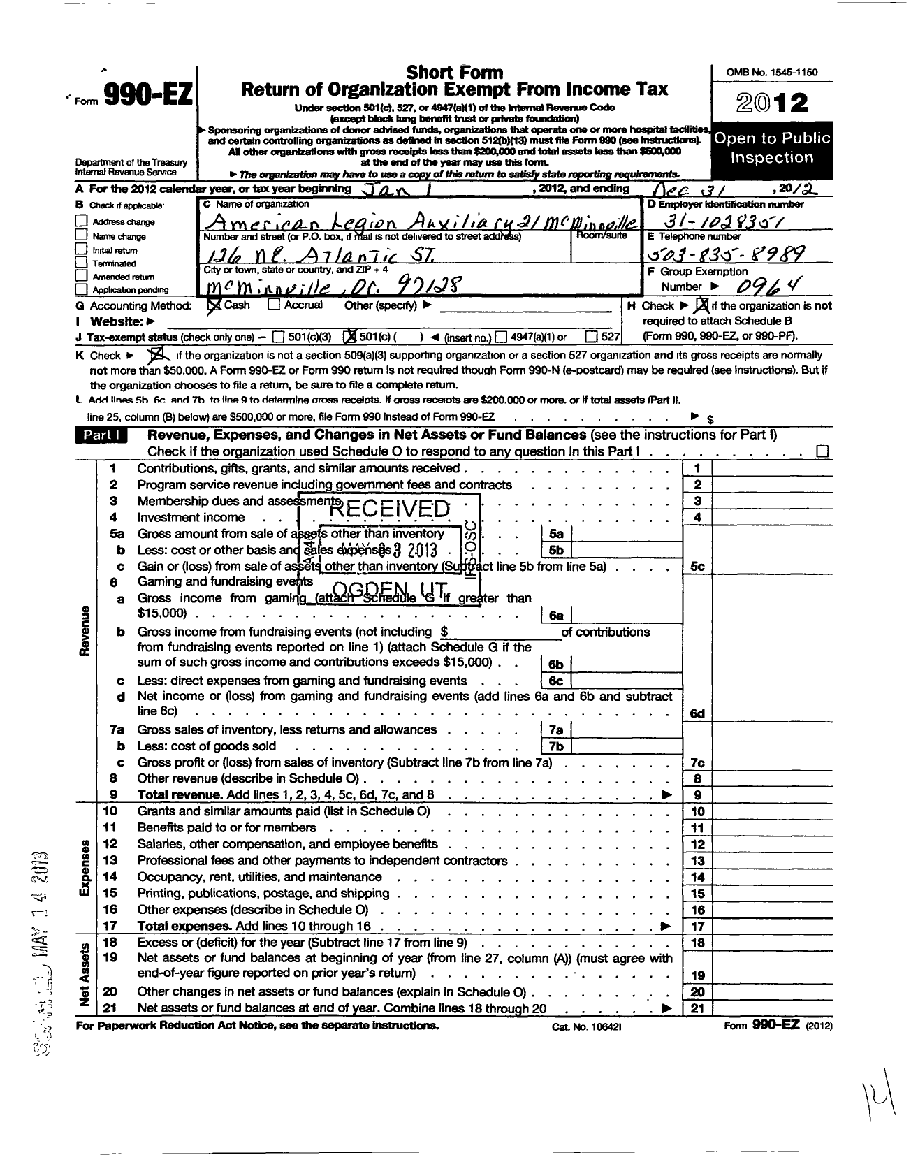 Image of first page of 2012 Form 990EO for American Legion Auxiliary - 21 Mcminnville