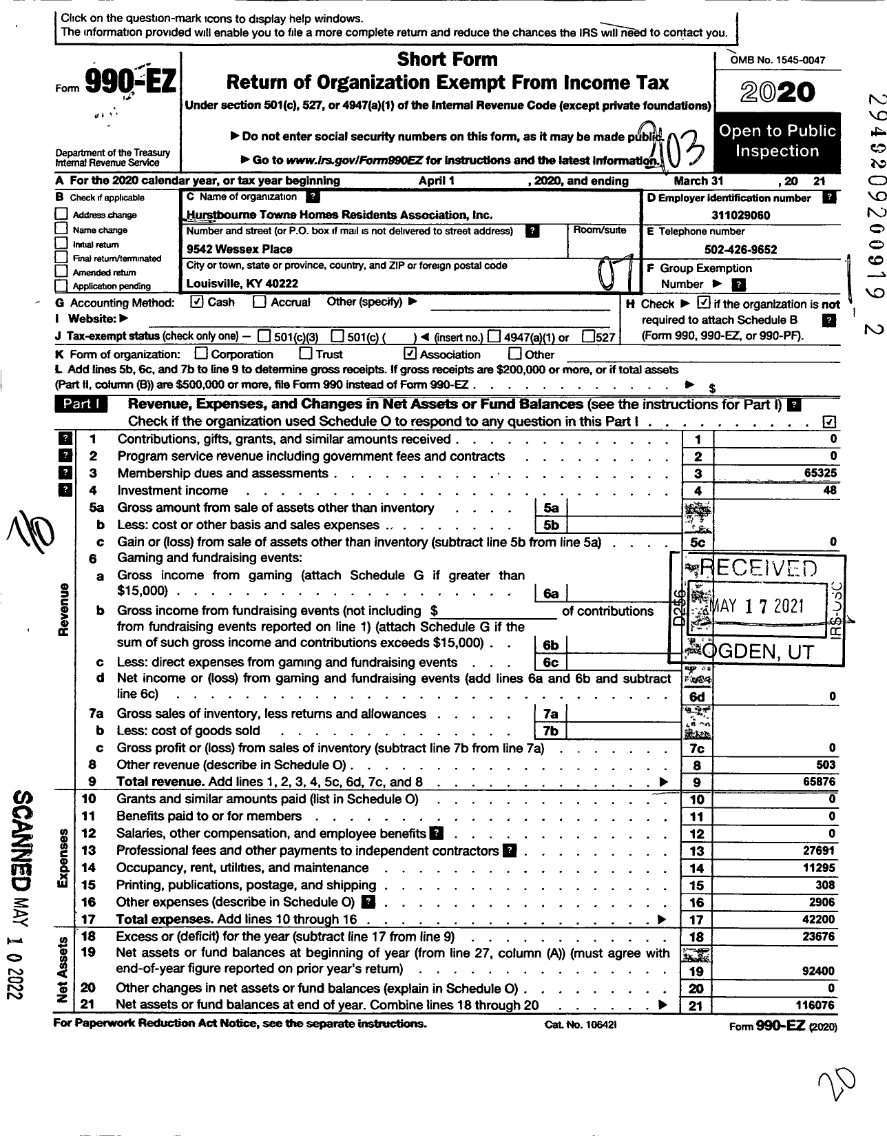 Image of first page of 2020 Form 990EO for Hurstbourne Towne Homes Residents Association