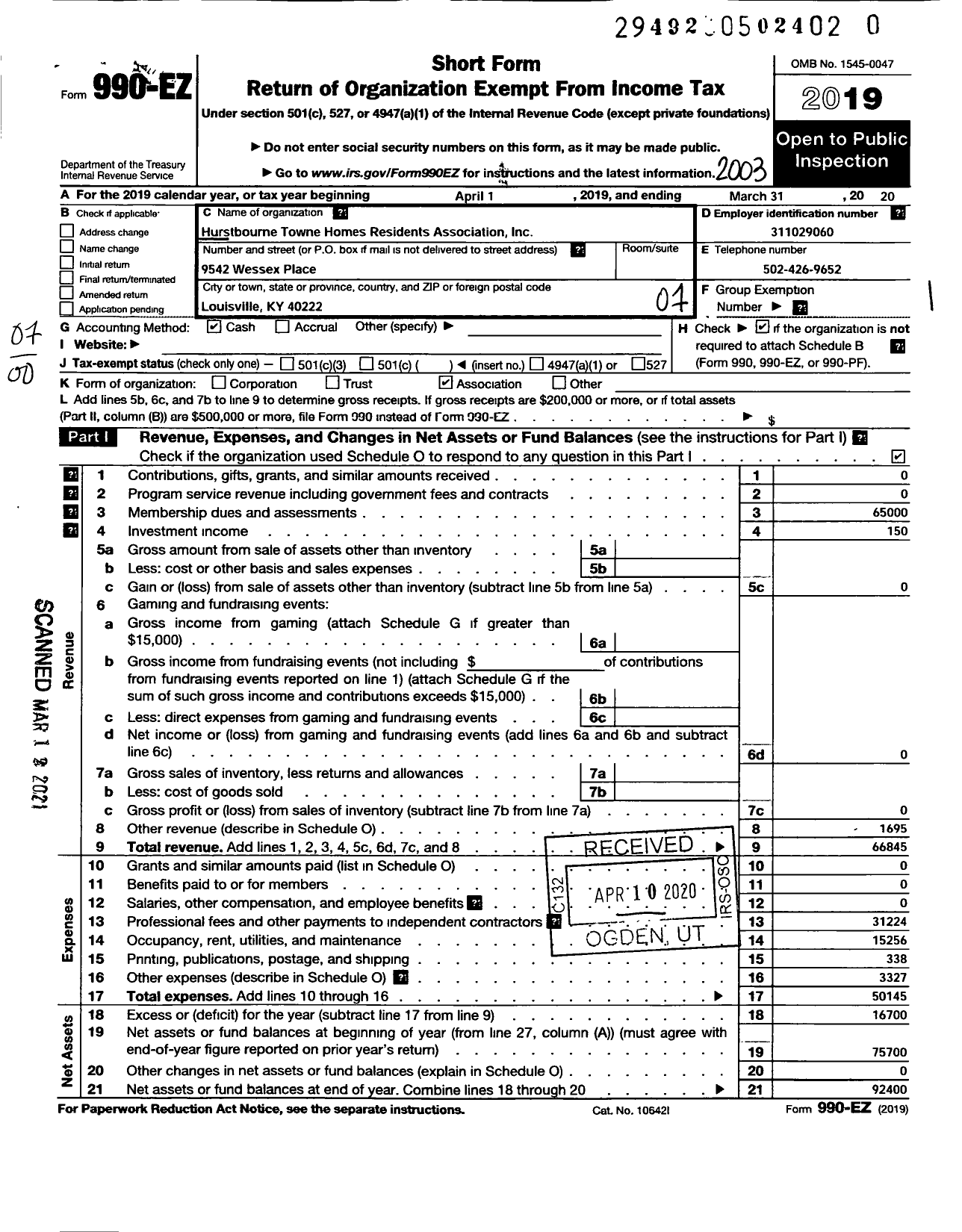 Image of first page of 2019 Form 990EO for Hurstbourne Towne Homes Residents Association