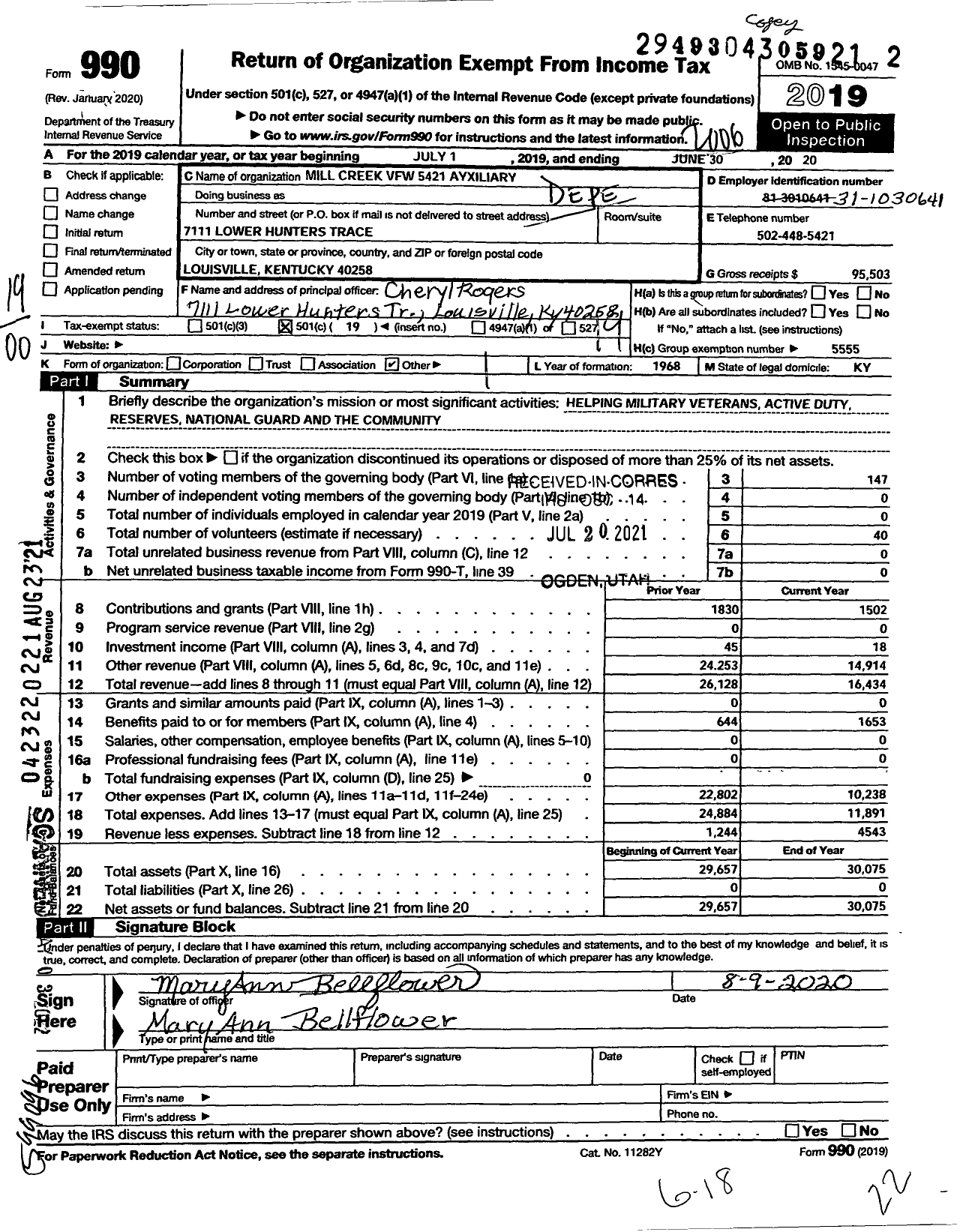 Image of first page of 2019 Form 990O for Dept of Ky Auxiliary vfw MILL Creekvfw 5421 Auxillary - Dept of Ky Auxiliary vfw Creekvfw 5421 Au