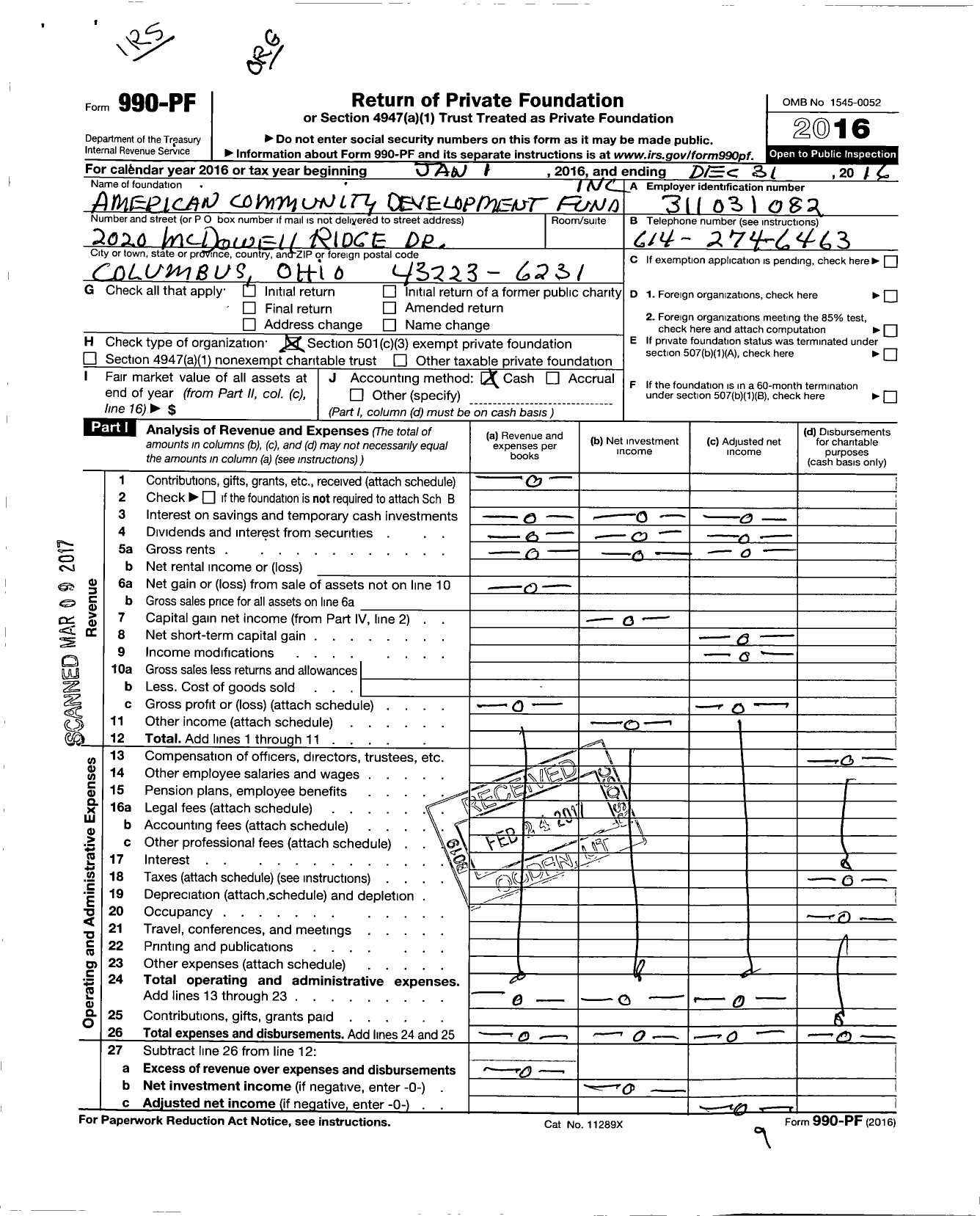 Image of first page of 2016 Form 990PF for American Community Development Fund