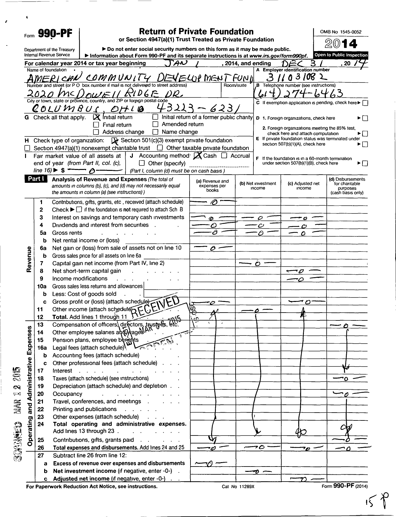 Image of first page of 2014 Form 990PF for American Community Development Fund