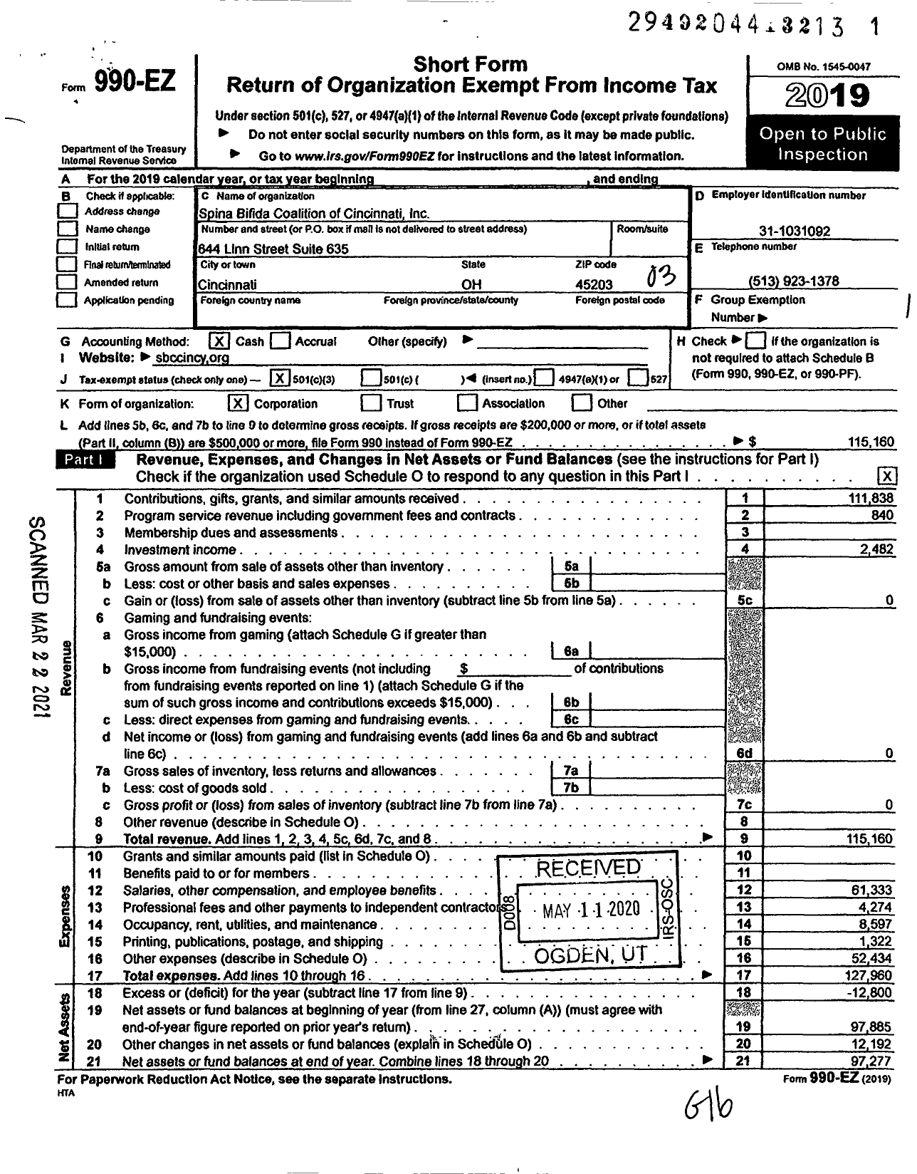 Image of first page of 2019 Form 990EZ for The Spina Bifida Coalition