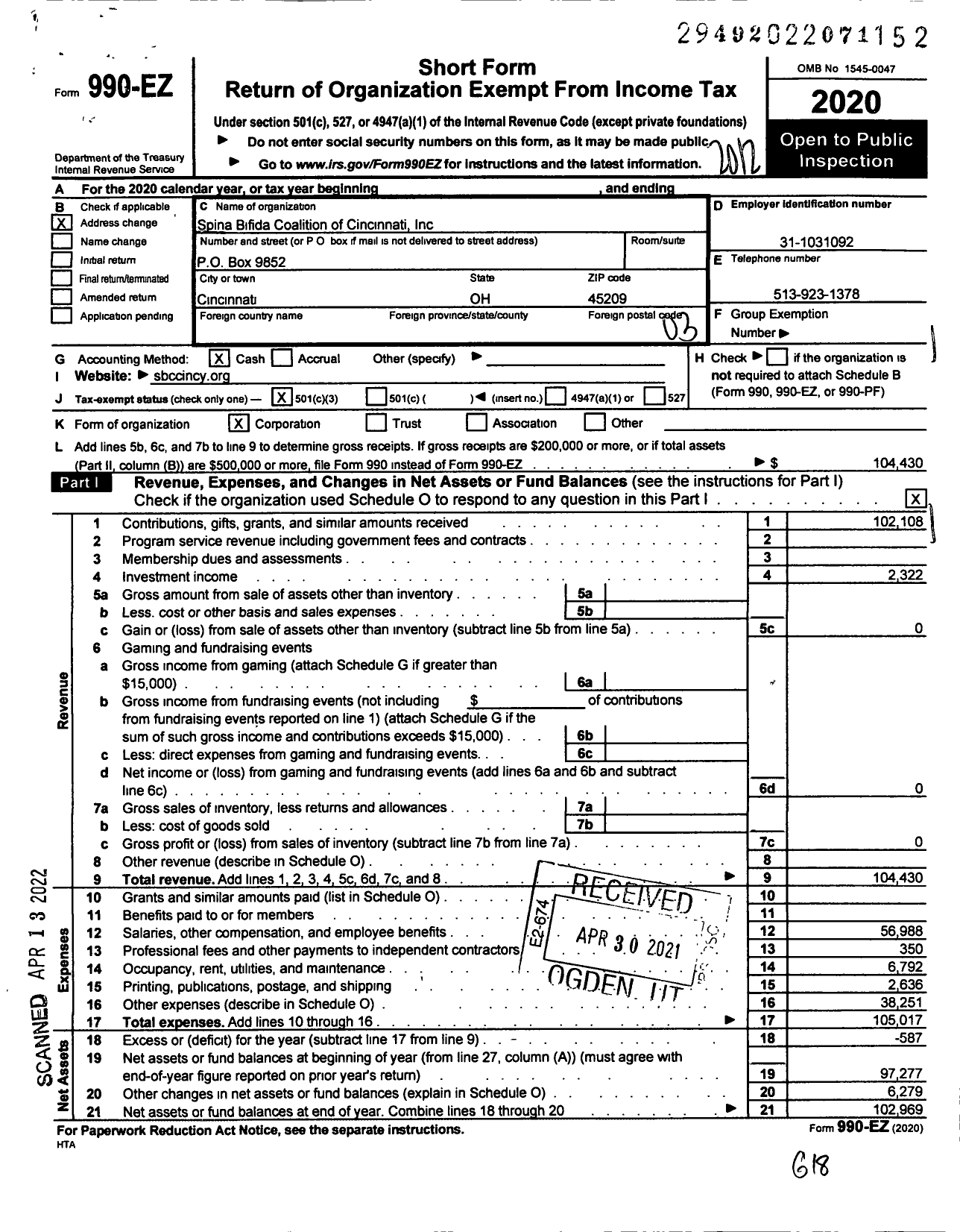 Image of first page of 2020 Form 990EZ for The Spina Bifida Coalition