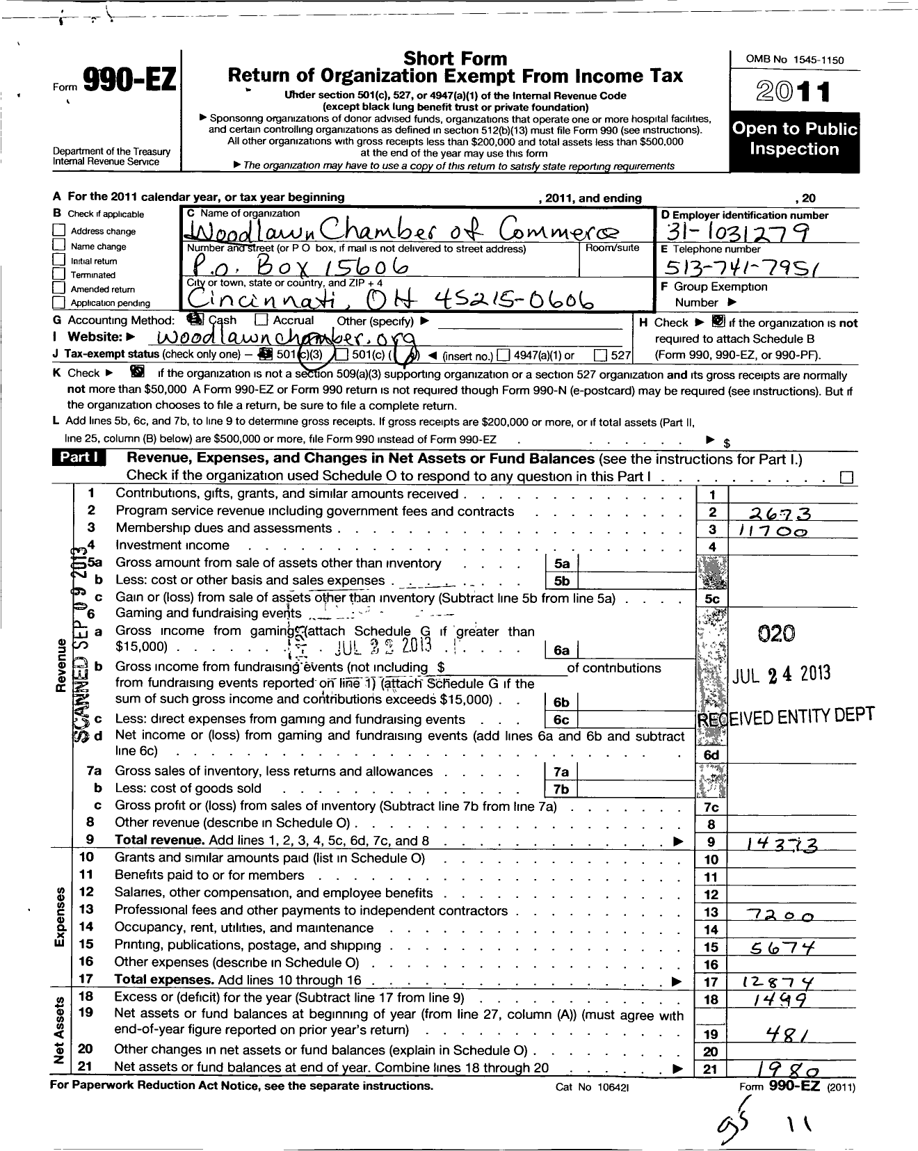 Image of first page of 2011 Form 990EO for Woodlawn Chamber of Commerce