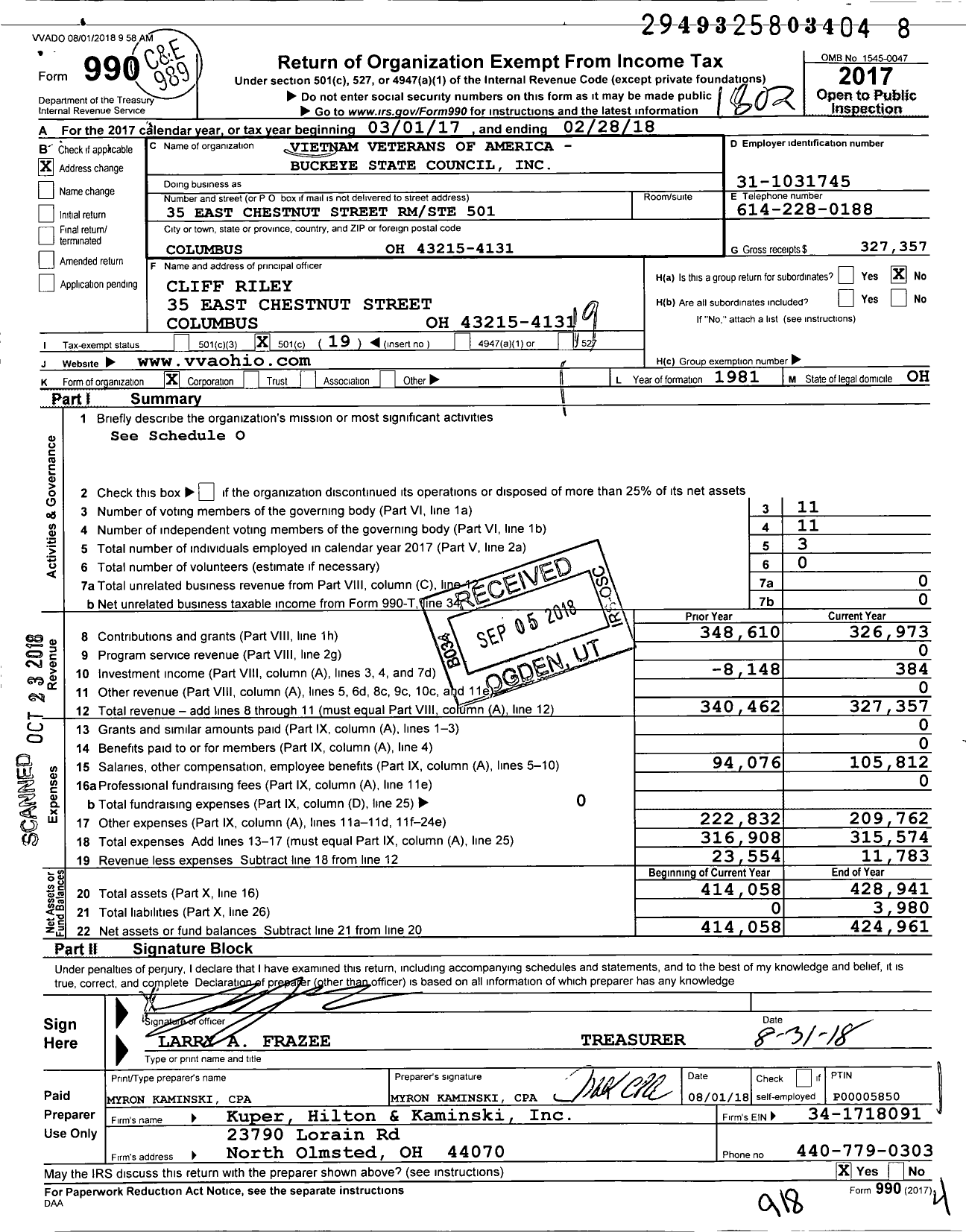 Image of first page of 2017 Form 990O for Vietnam Veterans of America - 5 Ohio State Council