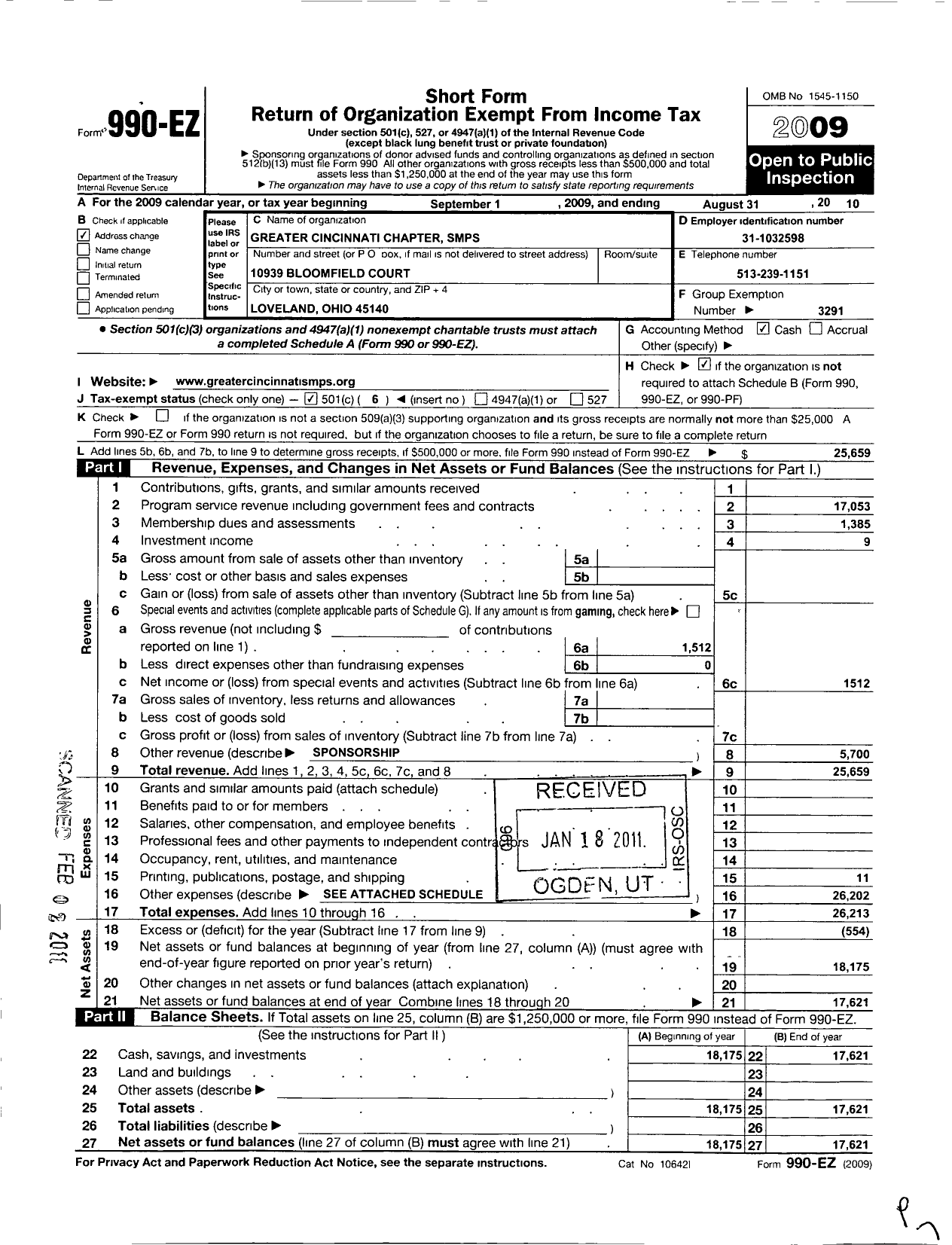 Image of first page of 2009 Form 990EO for Society for Marketing Professional Services / Greater Cincinnati Chapter of SMPS