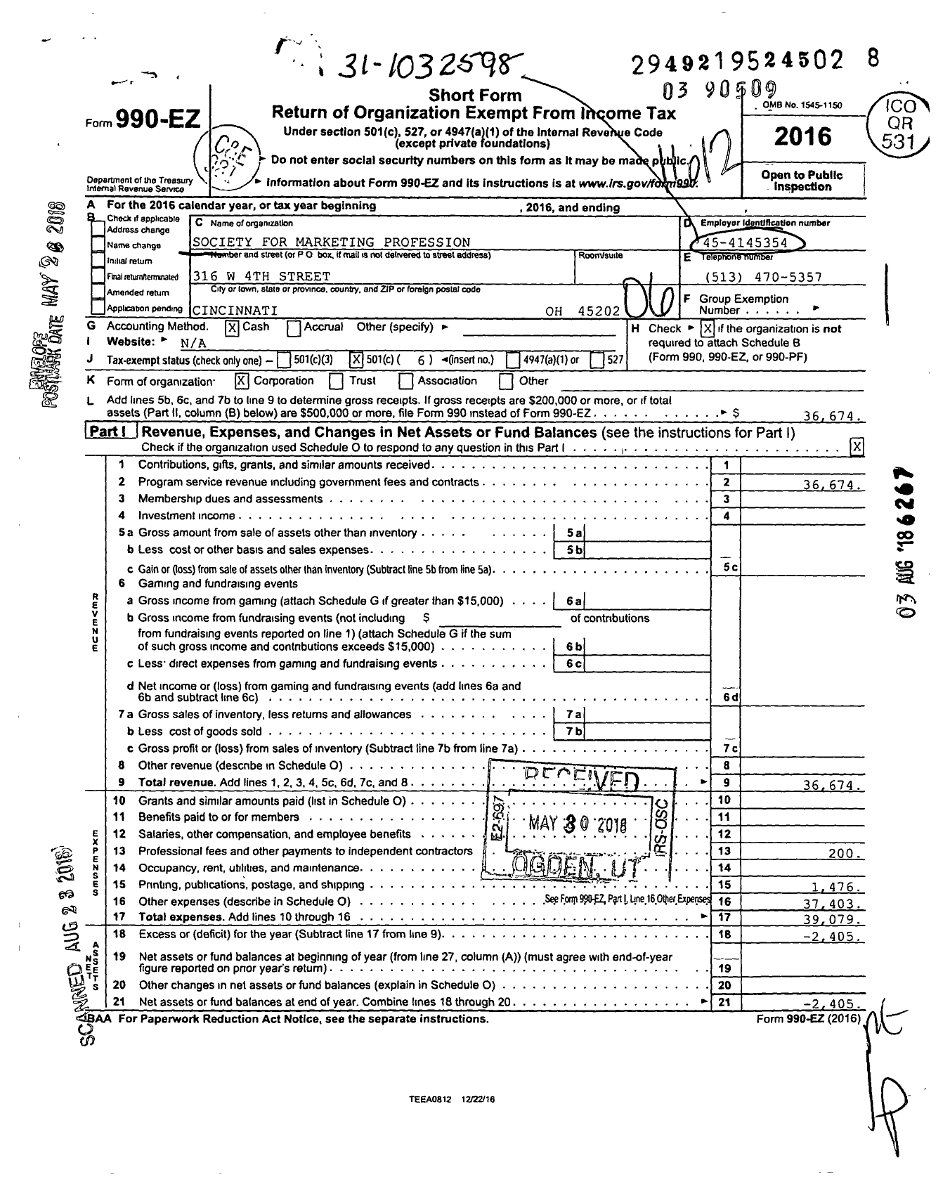 Image of first page of 2016 Form 990EO for Society for Marketing Professional Services / Greater Cincinnati Chapter of SMPS