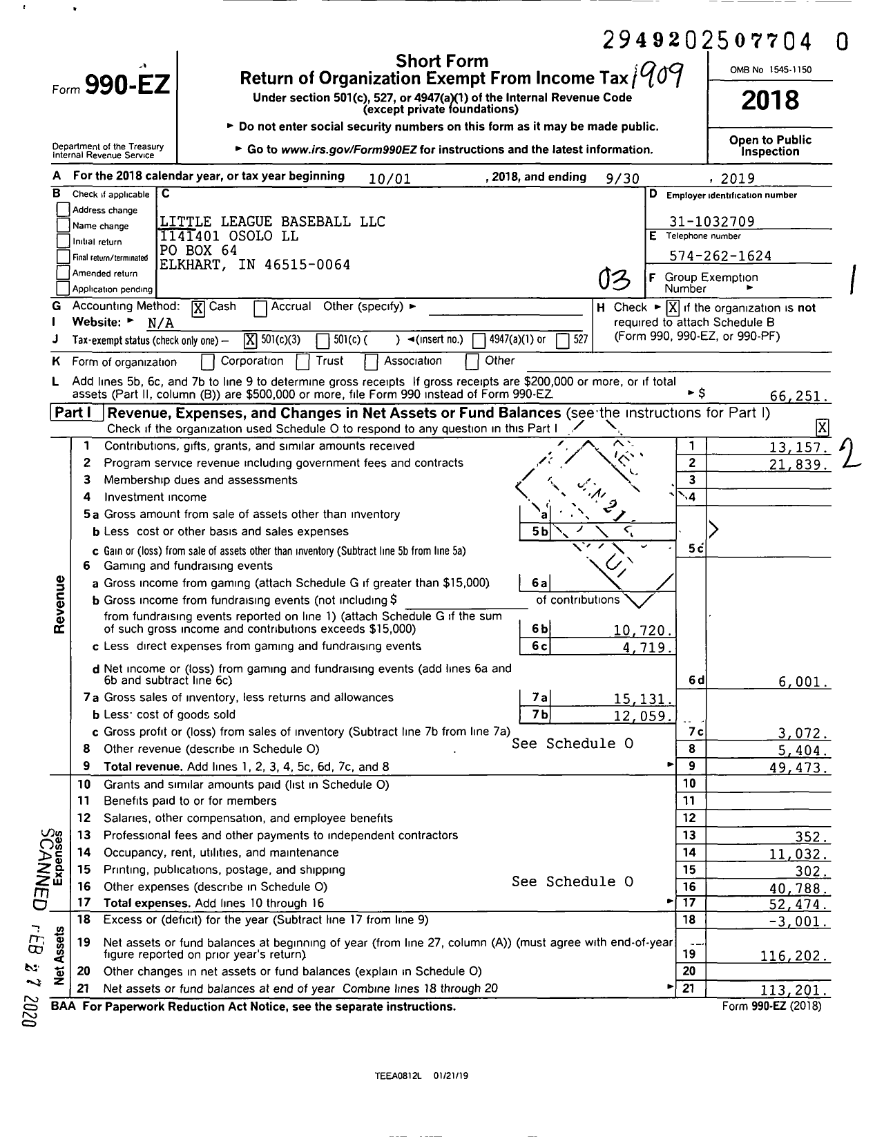 Image of first page of 2018 Form 990EZ for Little League Baseball - 1141401 Osolo LL