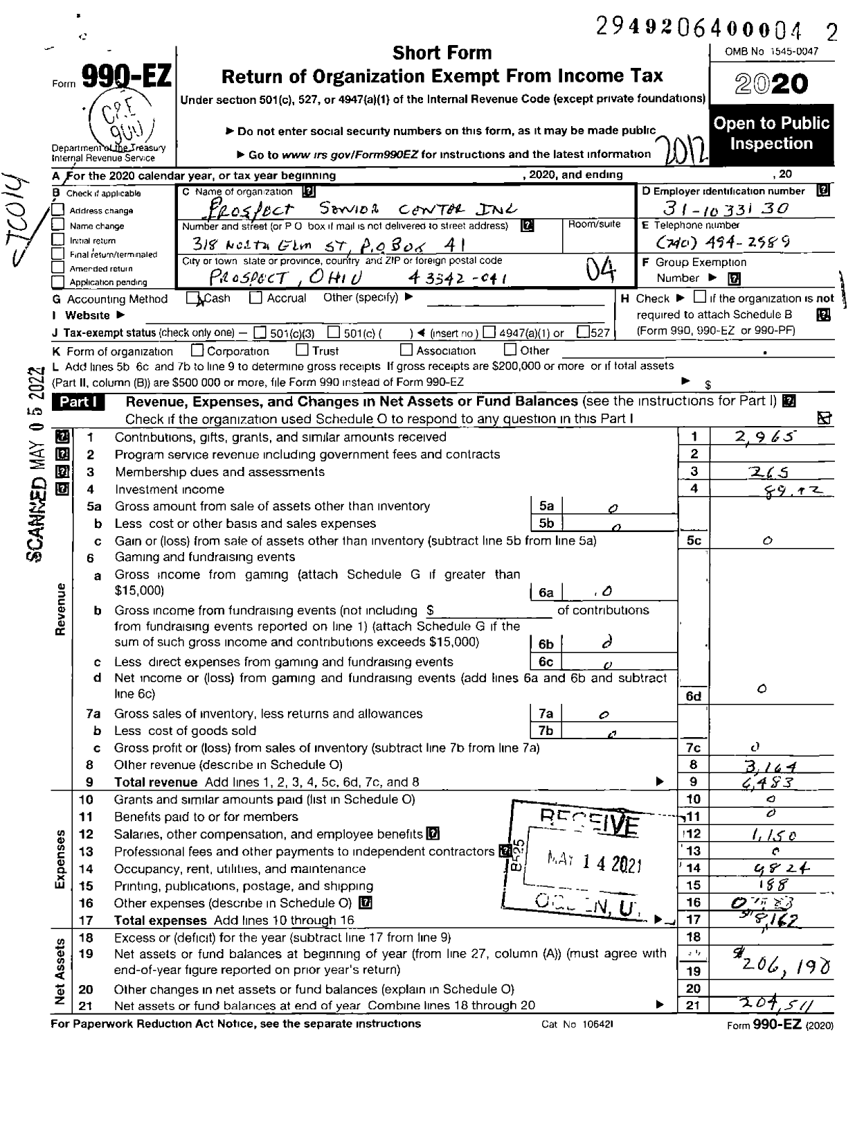 Image of first page of 2020 Form 990EO for Prospect Senior Citizens